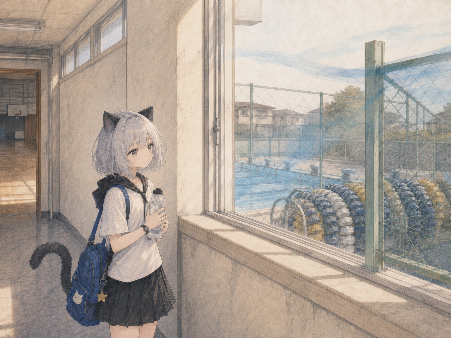 学校の廊下で水筒を持ち、窓の向こうのまだ使わないプールから届く夏の匂いに気づくノンのイラスト。