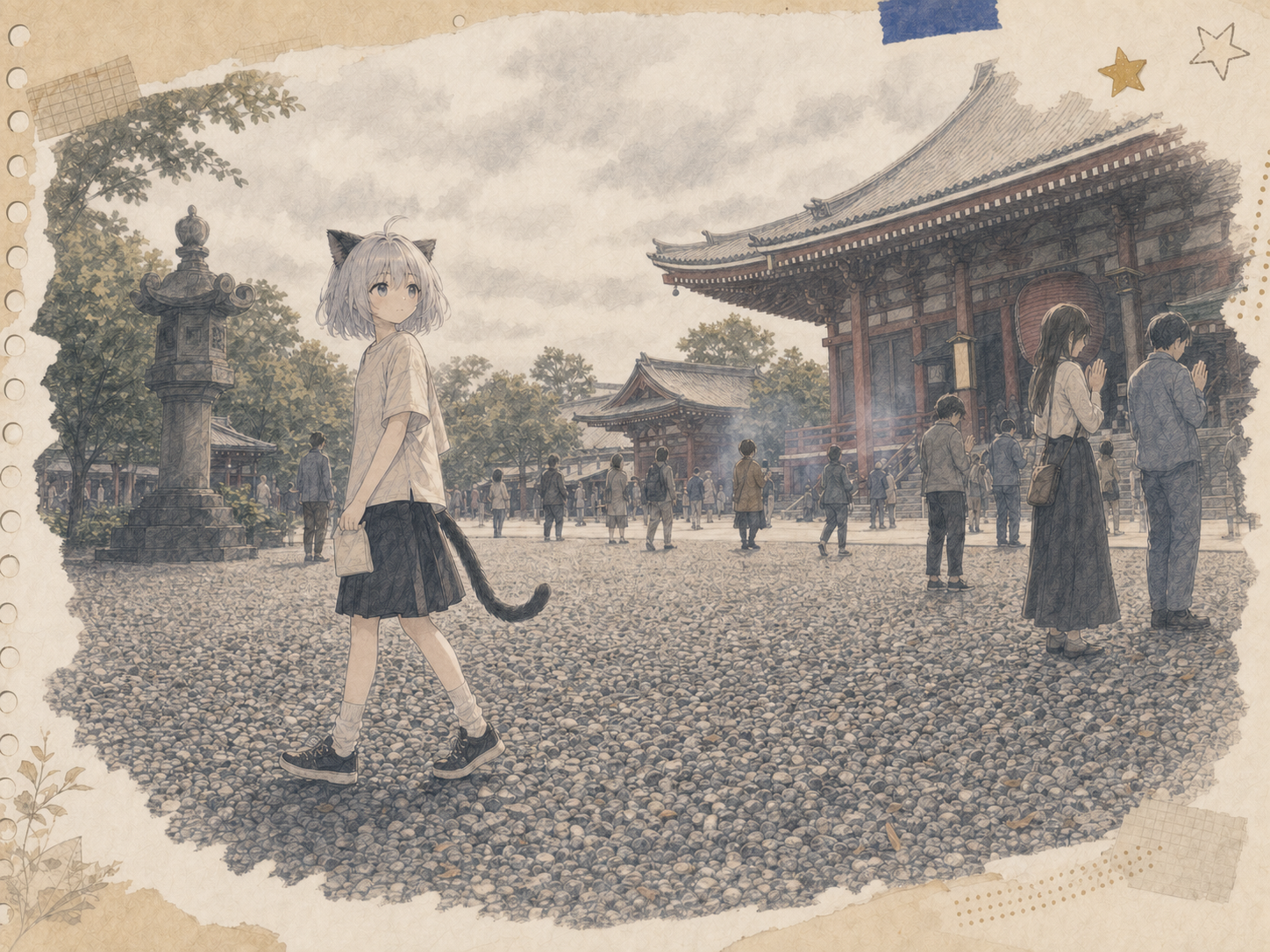 曇りの浅草寺で、落ち着いた赤い建物と人々の足元に揃って残る砂利の音を聞くノンのイラスト。