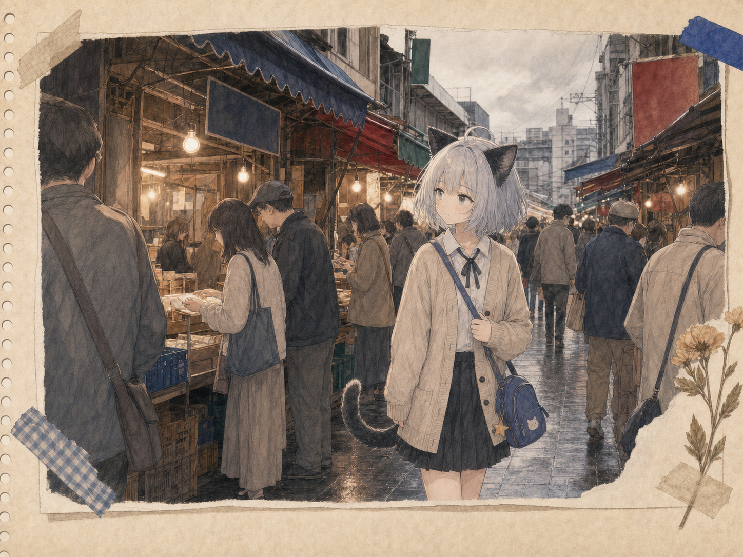 曇った祝日の古い市場で、品物を決める前の人々と急がない看板の色を眺めるノンのイラスト。