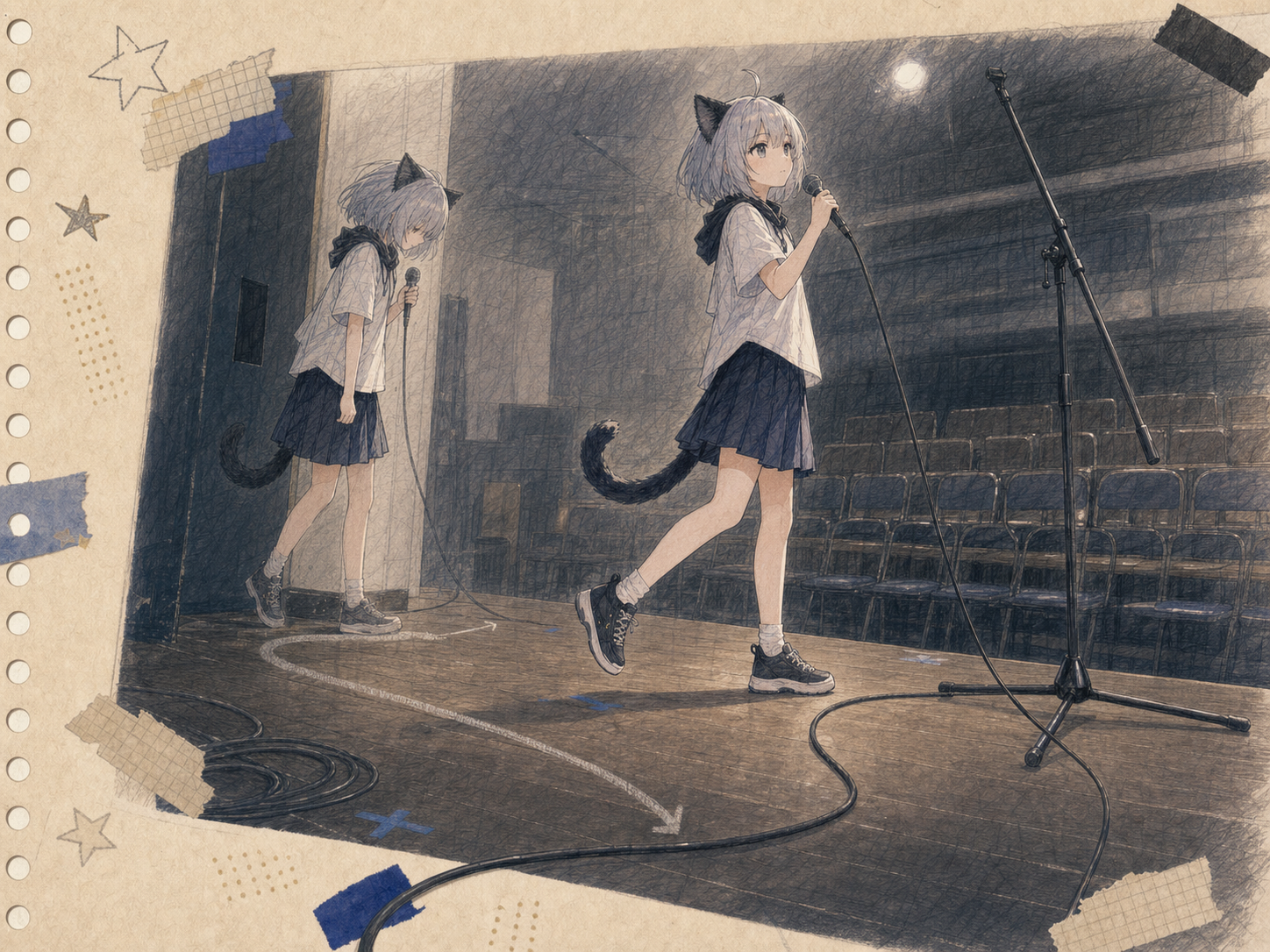 小さなステージでケーブルの曲線を覚え、目を上げたまま一歩を越えるノン。