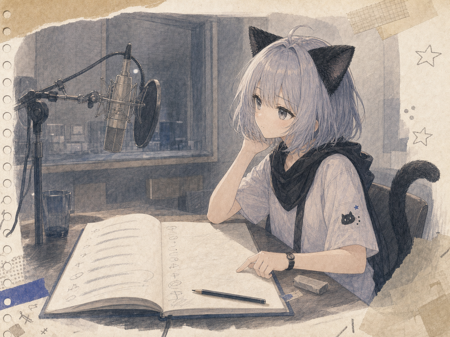 録音の合間、半分だけ印を残した歌詞カードの余白を指で確かめるノン。