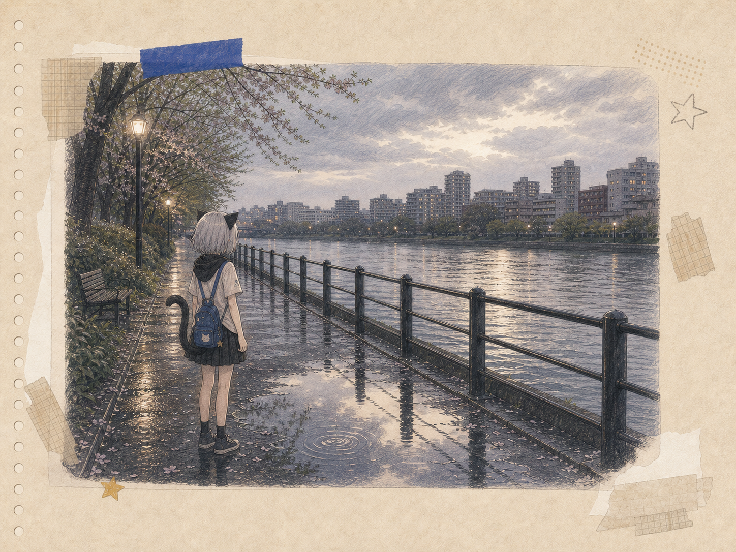 雨上がりの隅田川で、水たまりと川面へ少しずつ戻る明るさを静かに待つノンのイラスト。