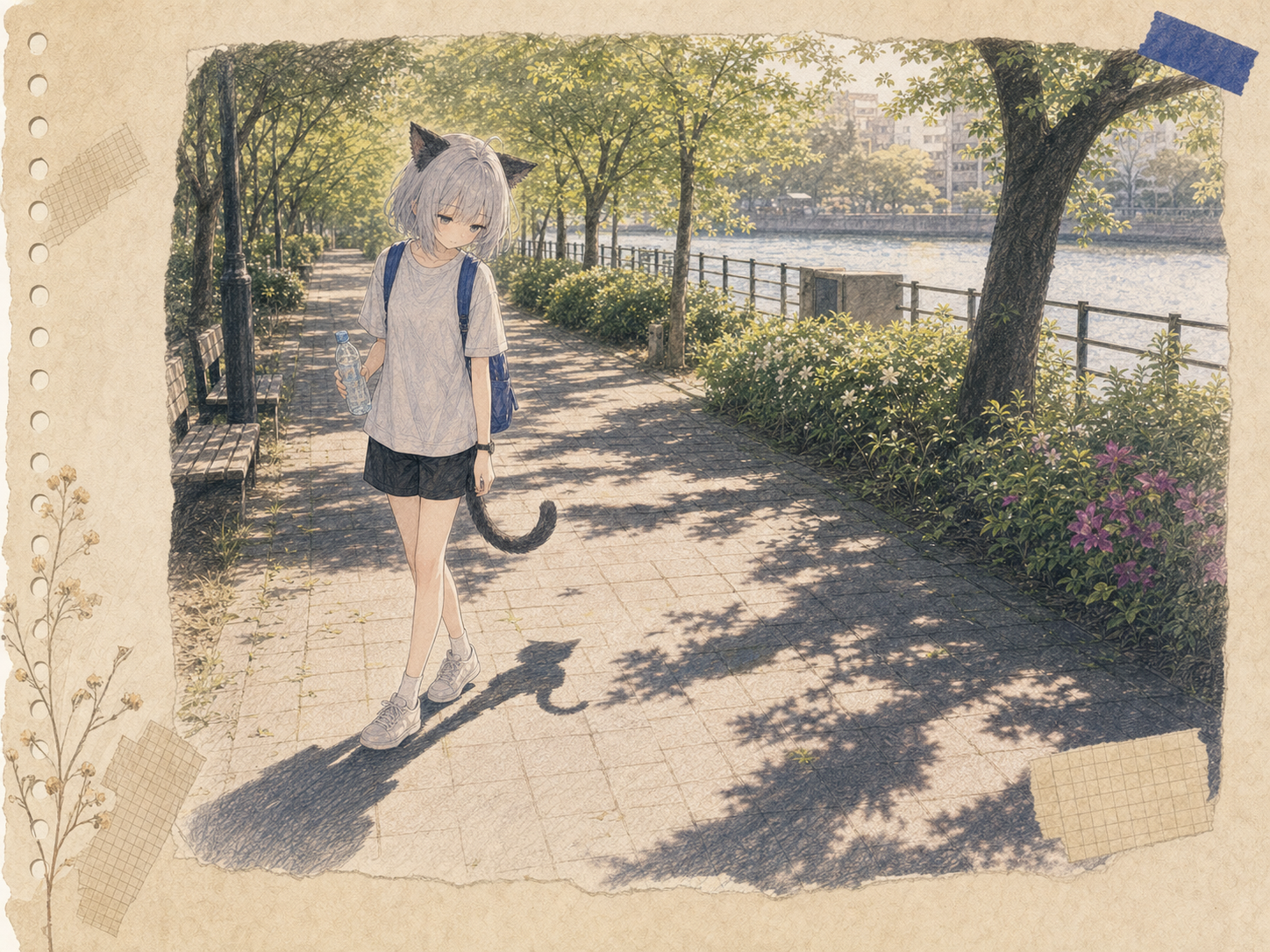 春より先に夏めいた隅田公園の光の中、冷たい炭酸を持って足元の濃い影を見ながら歩くノンのイラスト。