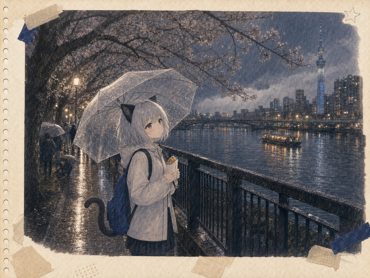 雨の隅田公園で透明な傘を差し、温かい焼き菓子を持ちながら静かに濡れる桜を見上げるノンのイラスト。