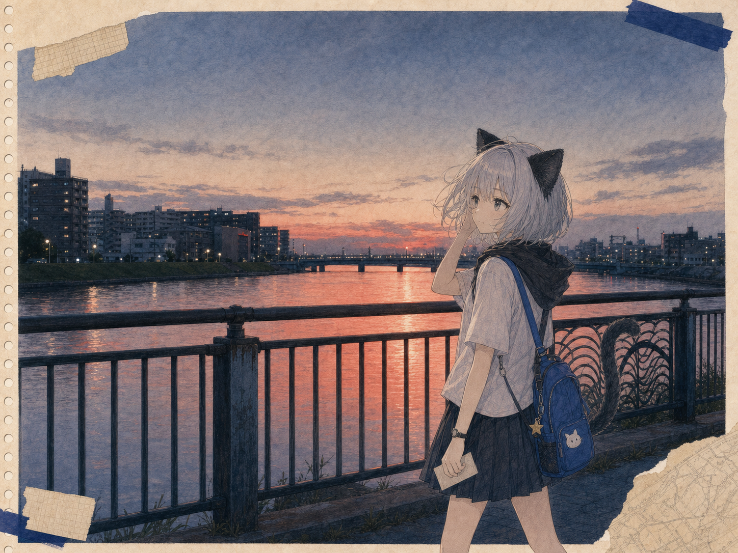 夕焼けより遅れて赤くなる川を見ながら、風に触れる髪を押さえて歩くノン。