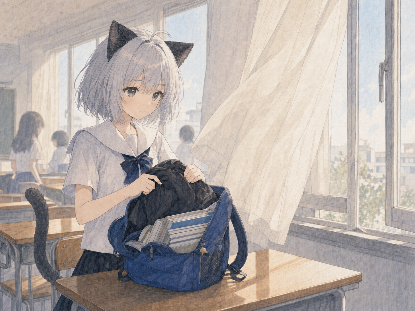 朝風で夏服の襟とカーテンが揺れる教室で、黒い上着を教科書の詰まった鞄へしまうノンのイラスト。