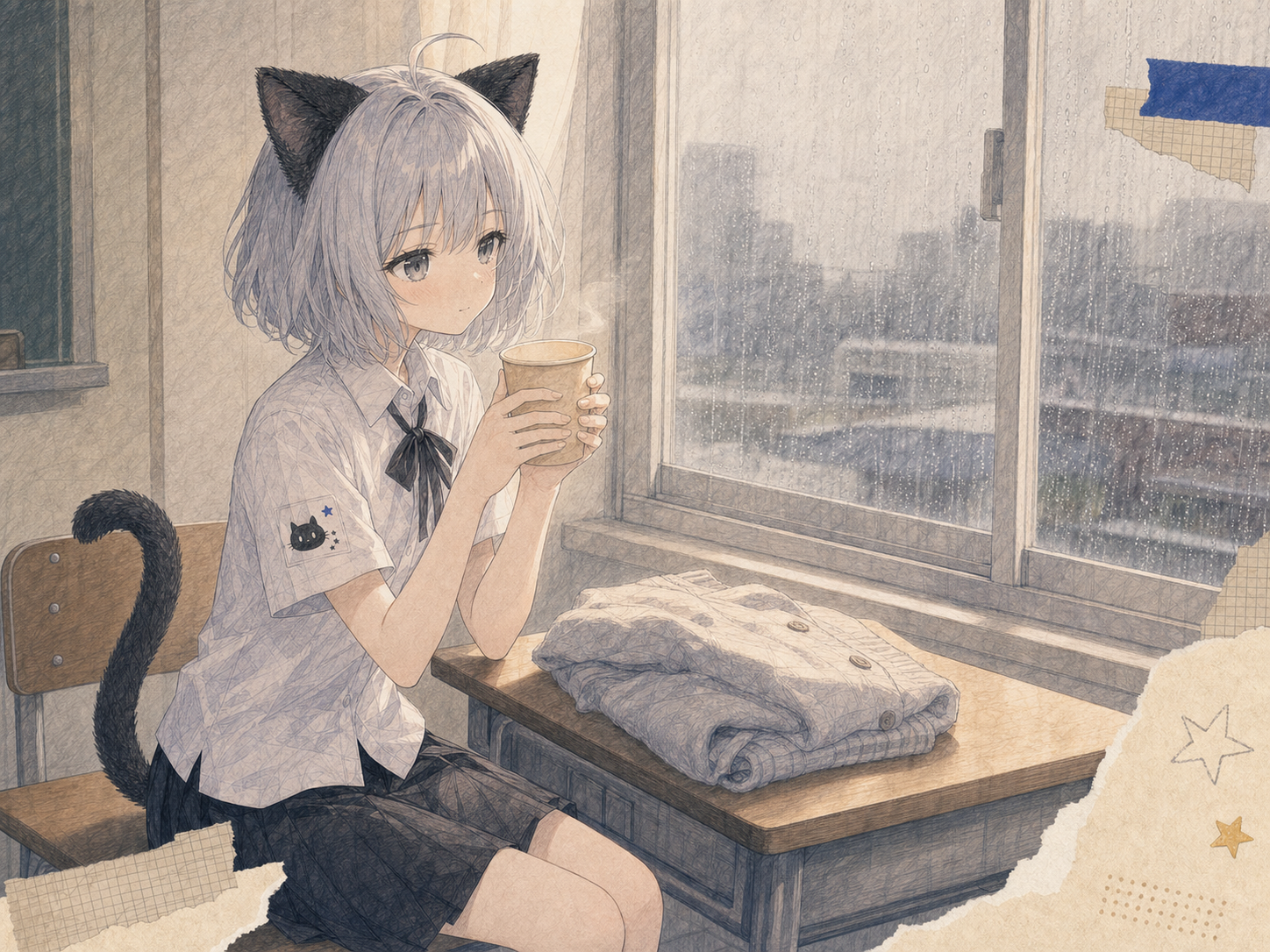 雨の教室で温かい紙カップを両手に包み、大きなカーディガンのそばで温まるノンのイラスト。