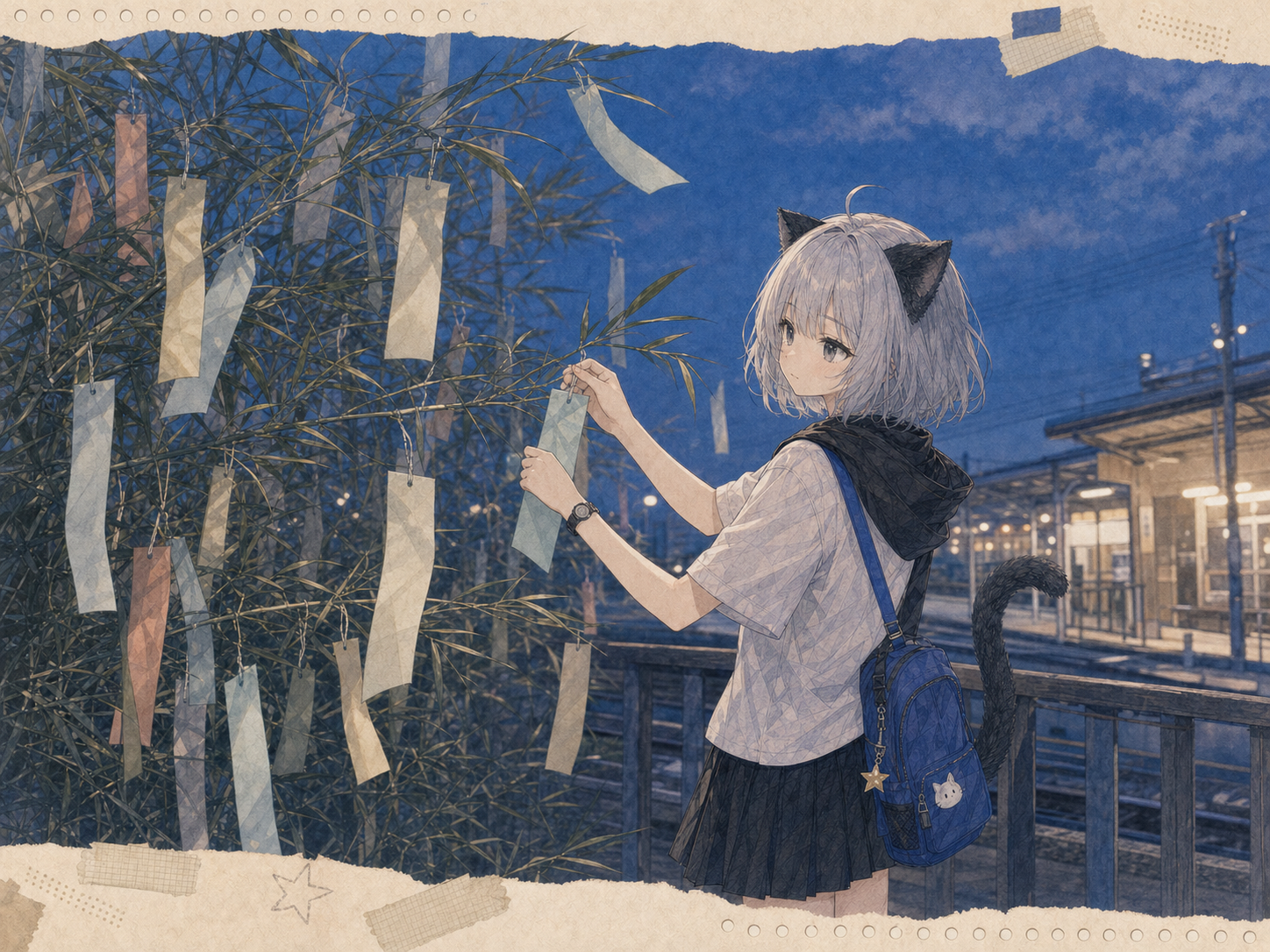 青い夕暮れの駅で、願いを書いた淡い短冊を笹へ静かに結ぶノン。