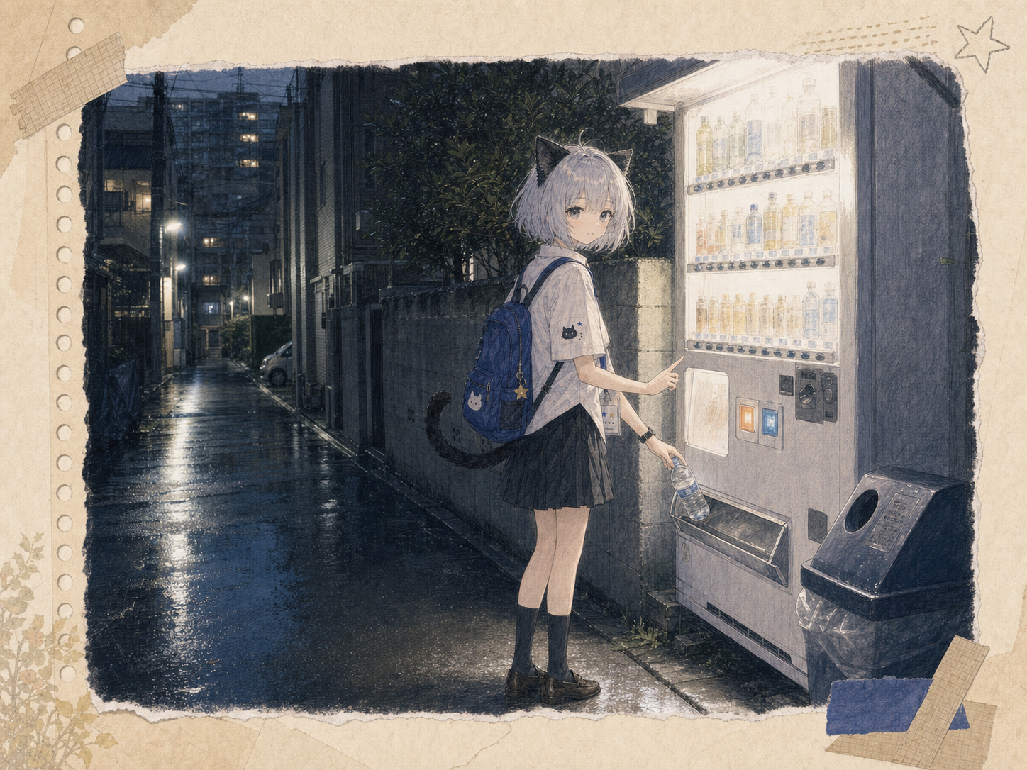雨上がりの暗い路地で、明るすぎる自販機の温冷ボタンに迷ったあと水を選ぶノンのイラスト。