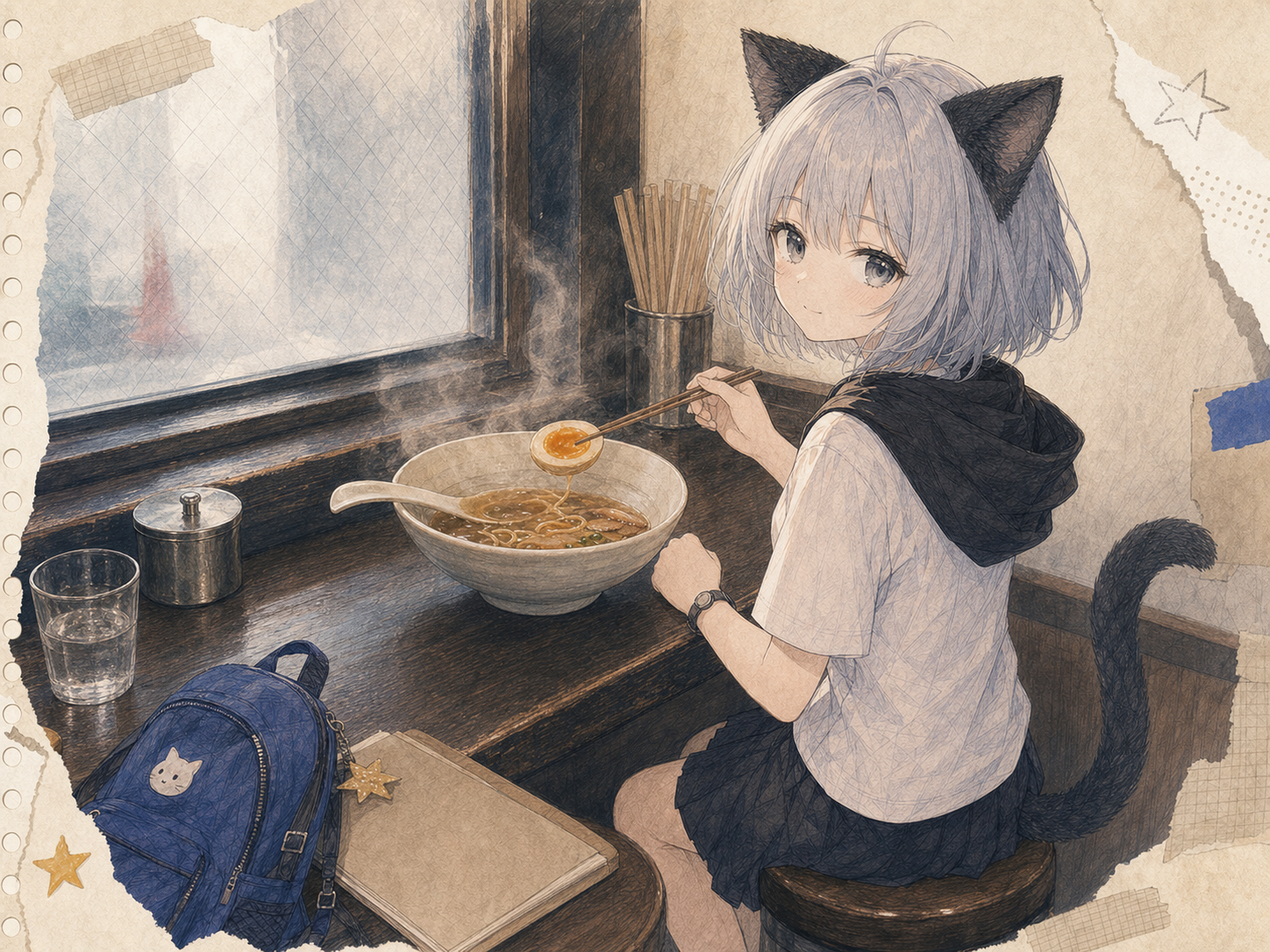試験帰りのラーメン屋で、まだ麺が多いのに味玉を先に持ち上げてしまったノンのイラスト。