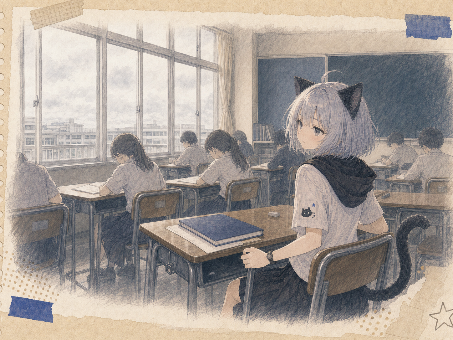 試験前の静かな教室で、椅子を音を立てないように引きながら白い曇り空を見るノンのイラスト。