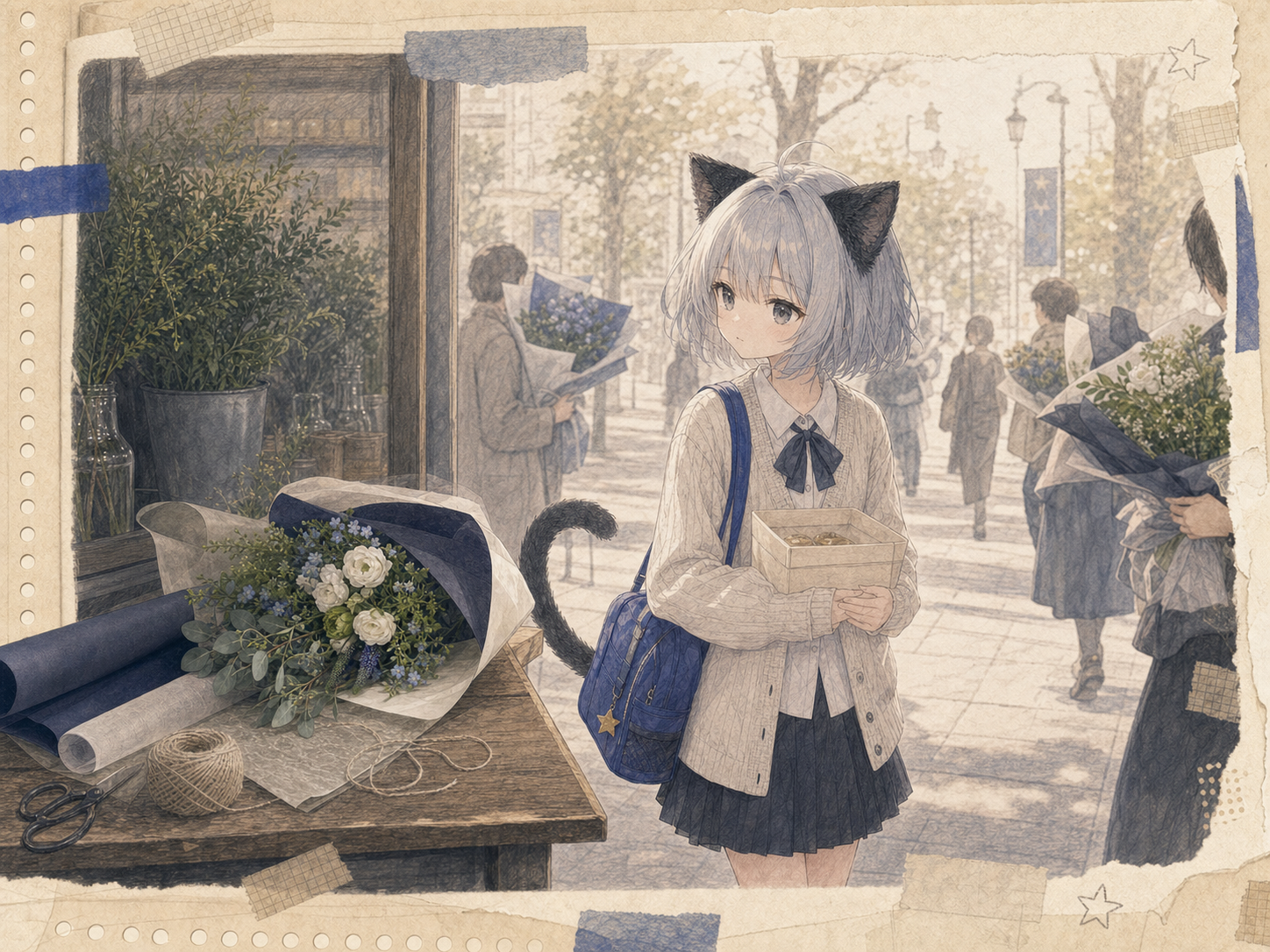 花束を大事そうに抱える人々を眺めながら、事務所へ渡す小さな焼き菓子の箱を持つノンのイラスト。