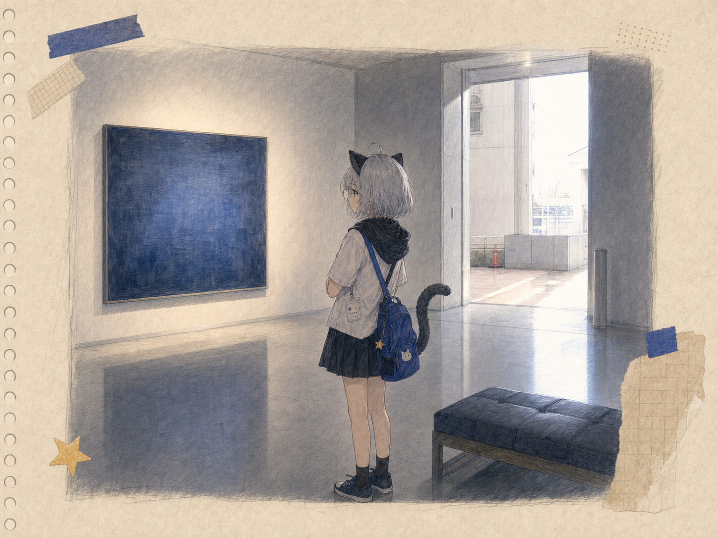 冷えた展示室で青い絵から数歩離れ、外の暑さを忘れて見つめるノン。