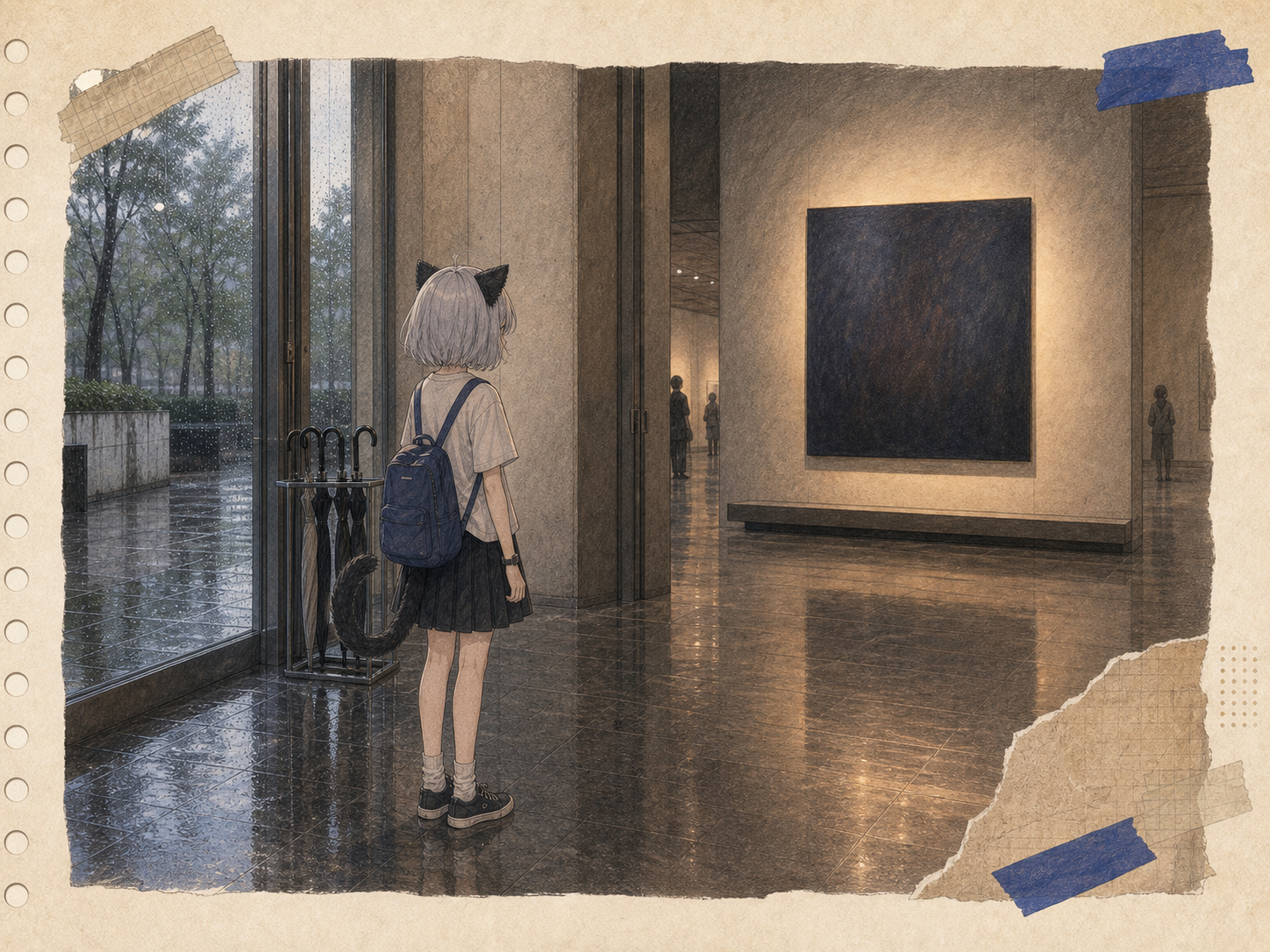 小雨の上野の展示室で、濡れた石畳を背に、奥に熱を隠した暗い青の絵を静かに見つめるノンのイラスト。