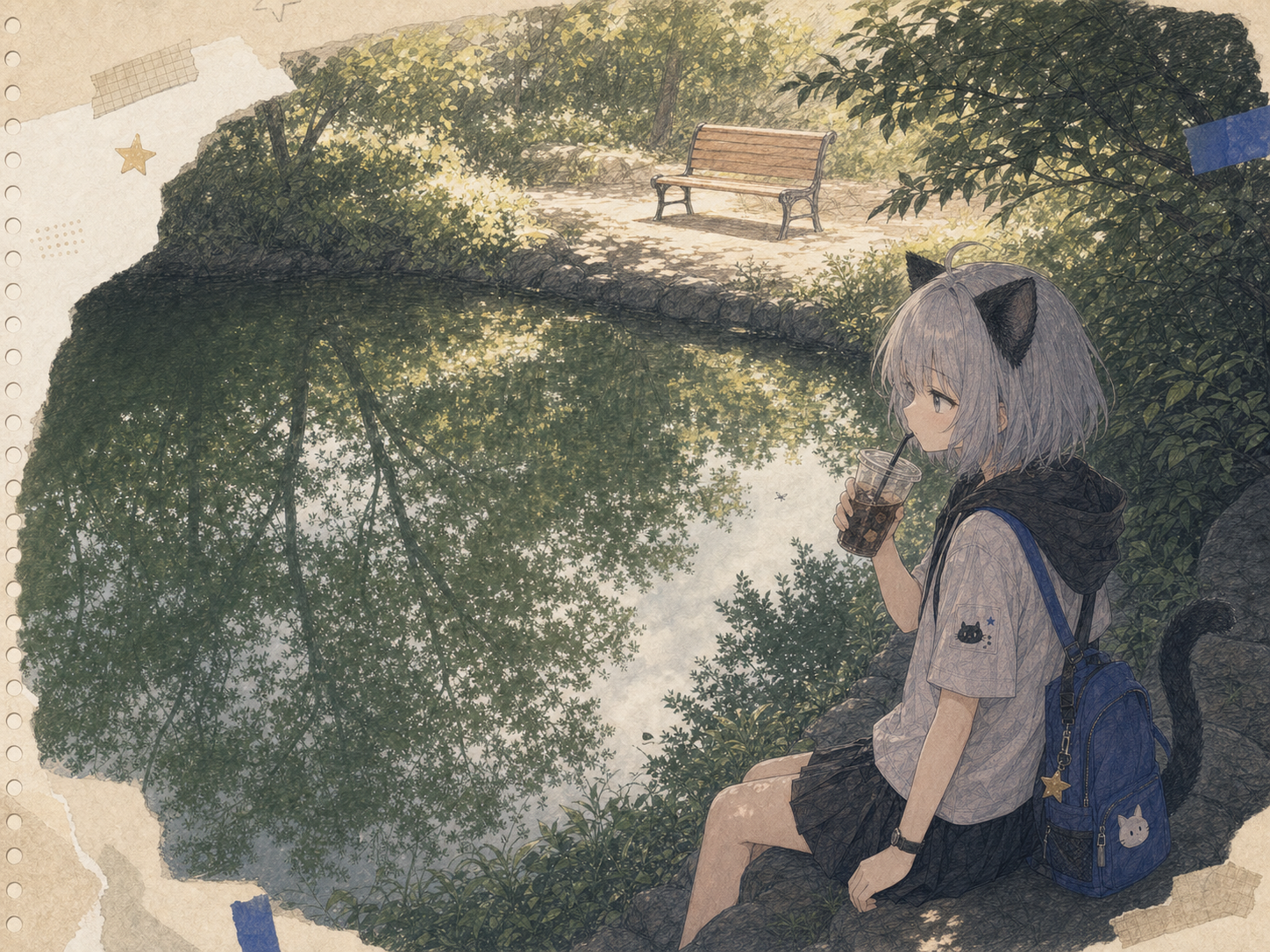 濃い緑を映す池の木陰で、日向の空いたベンチを眺めながら冷たいコーヒーを飲むノンのイラスト。