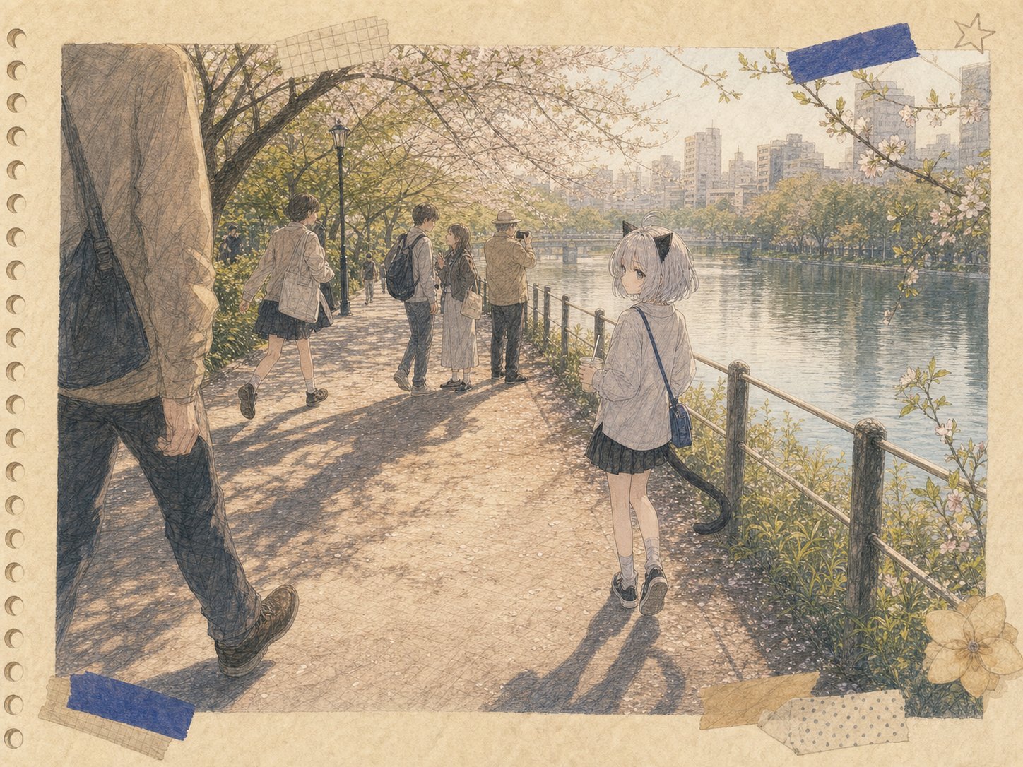 春の不忍池沿いで、急ぐ人や立ち止まる人の足音の中に自分の歩く速さを見つけるノンのイラスト。