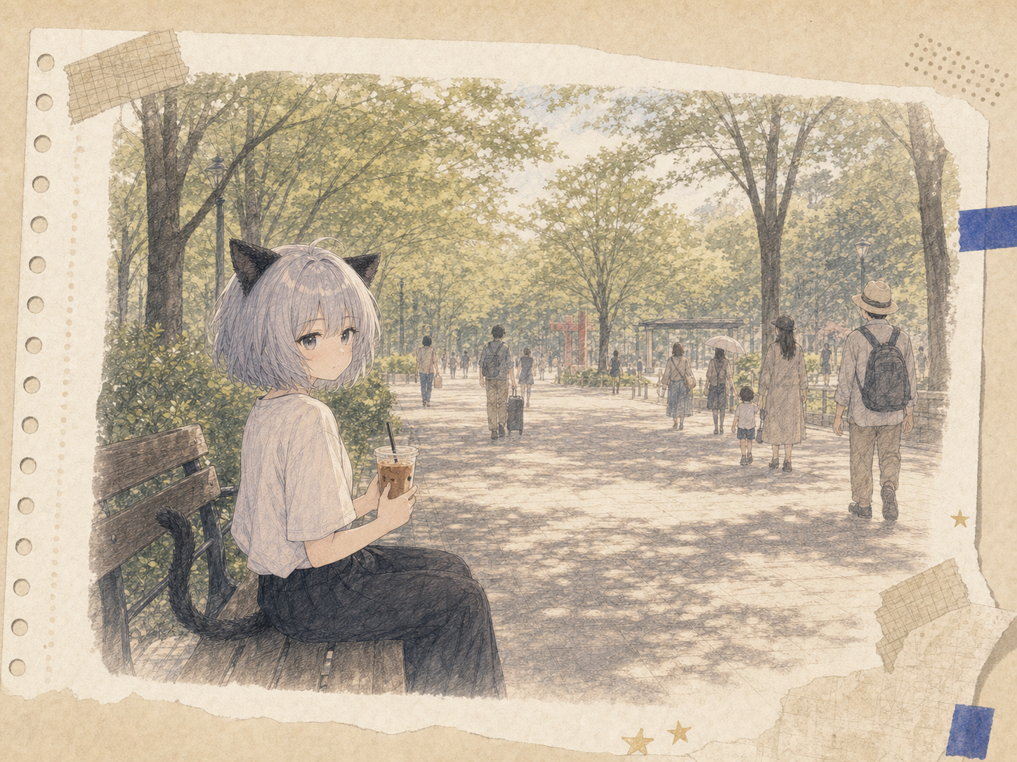 日曜の上野公園のベンチでアイスコーヒーを持ち、それぞれの目的地へ向かう人の流れを見るノンのイラスト。