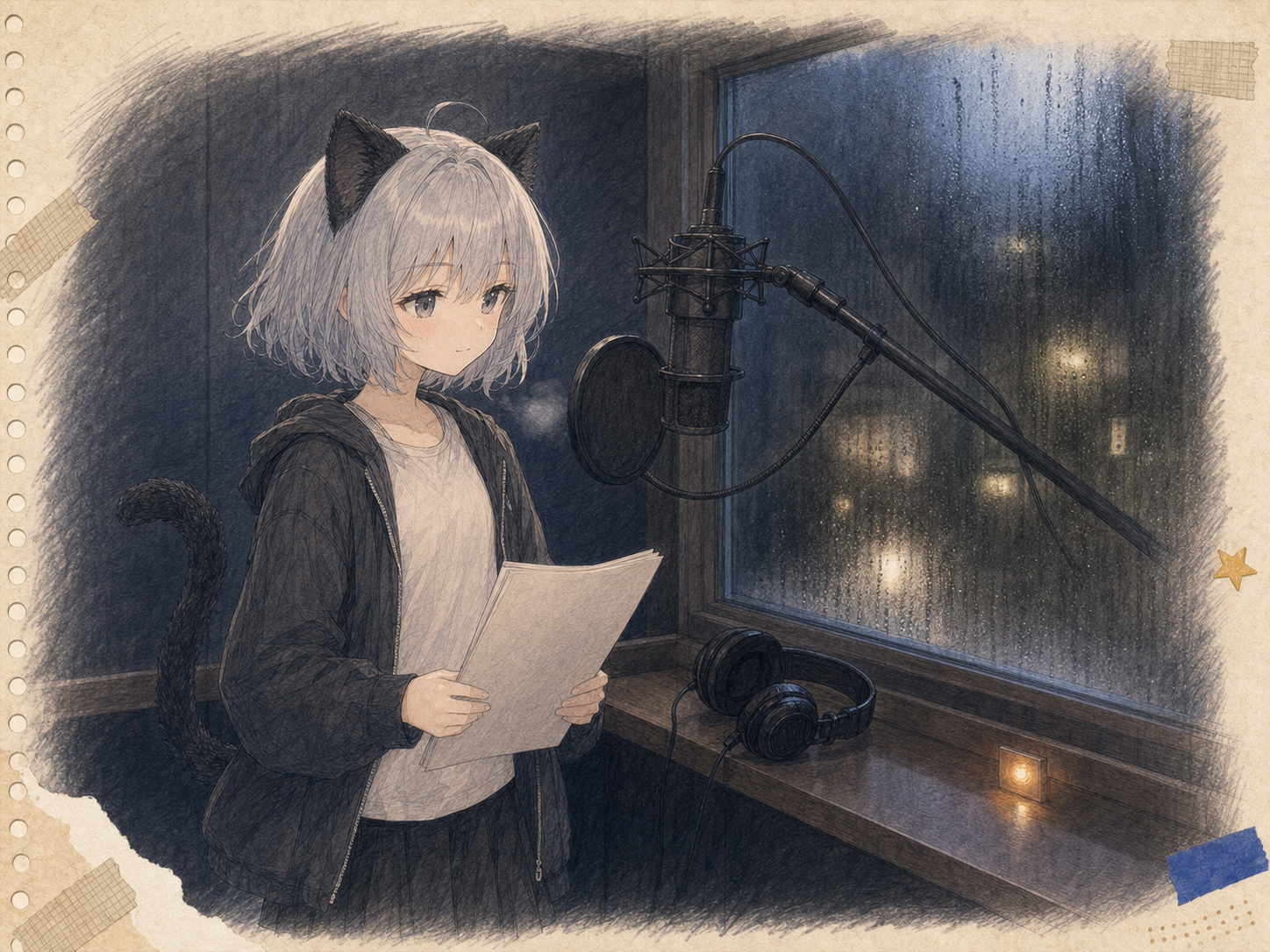 湿った録音ブースで、肩の力を抜いて四回目の台詞を読むノンのイラスト。