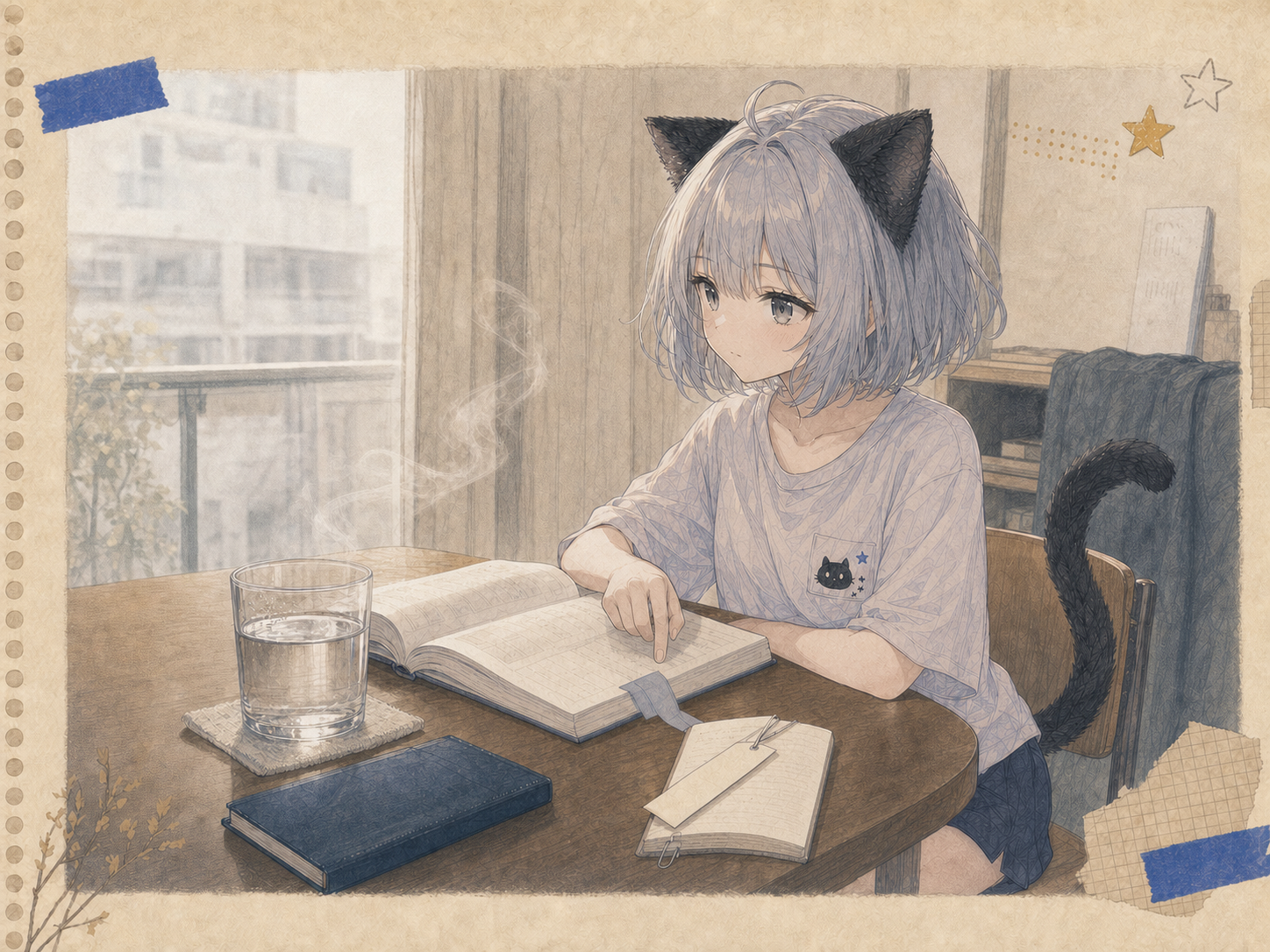 声を休める日に温かい水の湯気を見ながら、教科書を指で静かに追うノン。