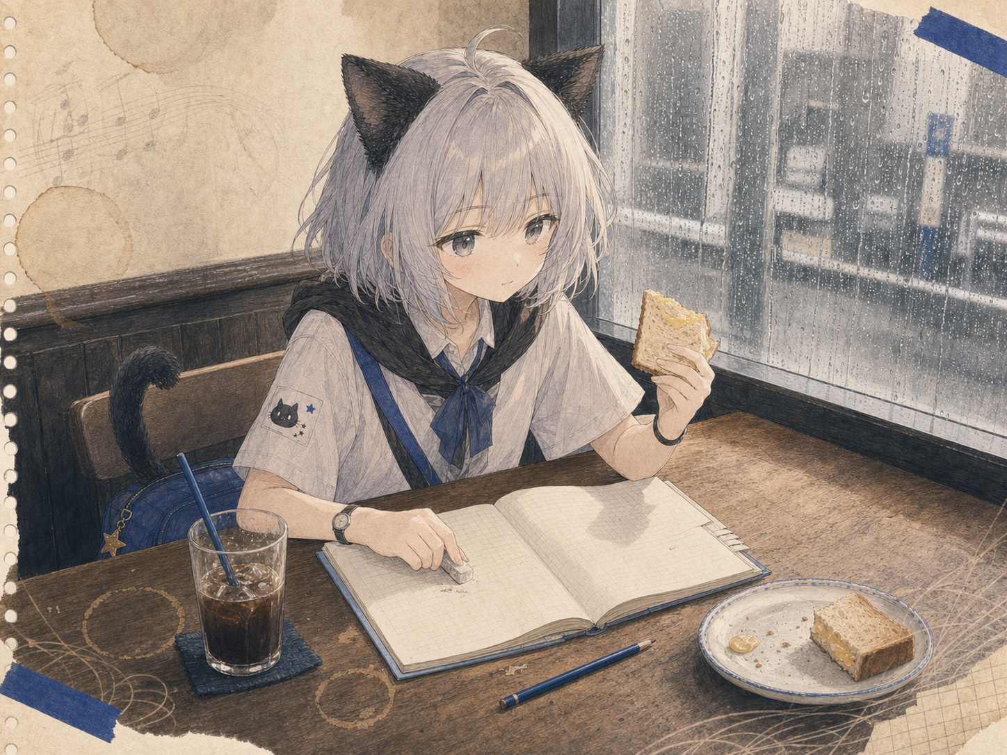 雨の古い喫茶店で、卵サンドと宿題を交互に少しずつ進めるノン。