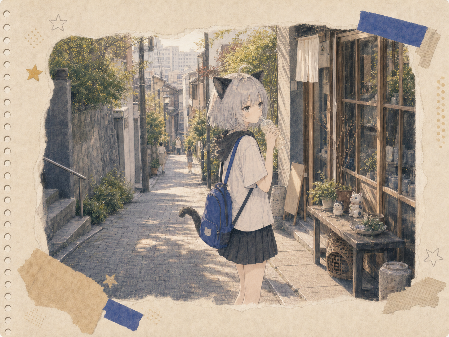 晴れた谷中の坂を上ったあと、猫の置物ばかり並ぶ店先で冷たい飲み物の最初の一口を味わうノンのイラスト。