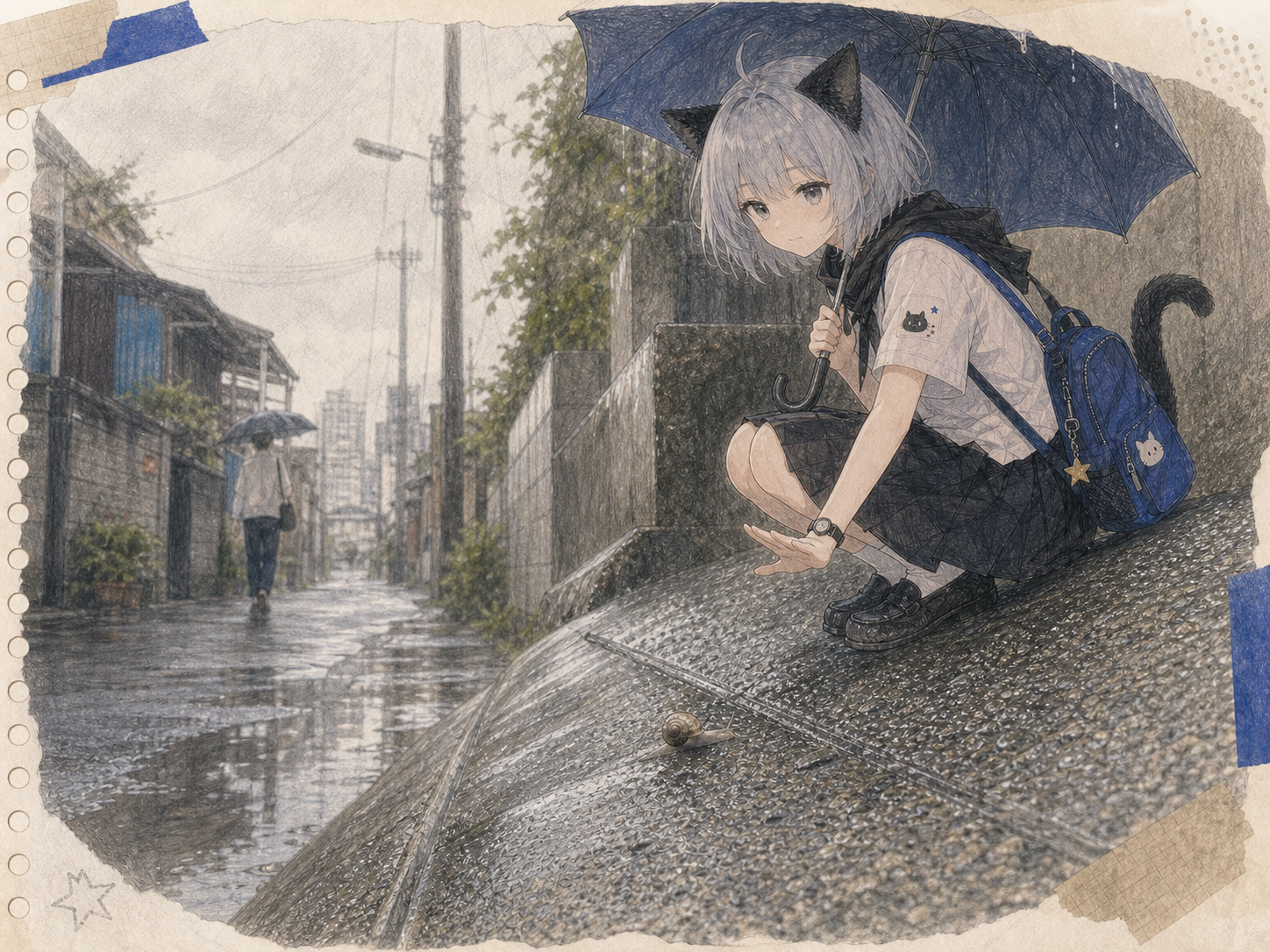 雨の坂道で小さなかたつむりに触れず、後ろの人へ静かに場所を知らせるノン。