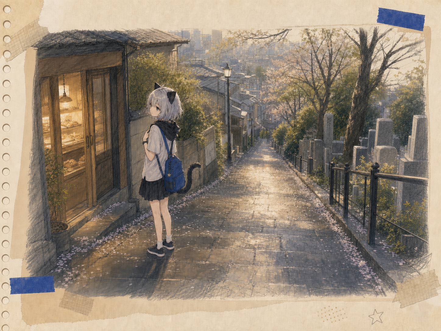 雨上がりの谷中の坂で、花びらの流れる石畳と小さな店から漂う焼き菓子の匂いに足を止めるノンのイラスト。