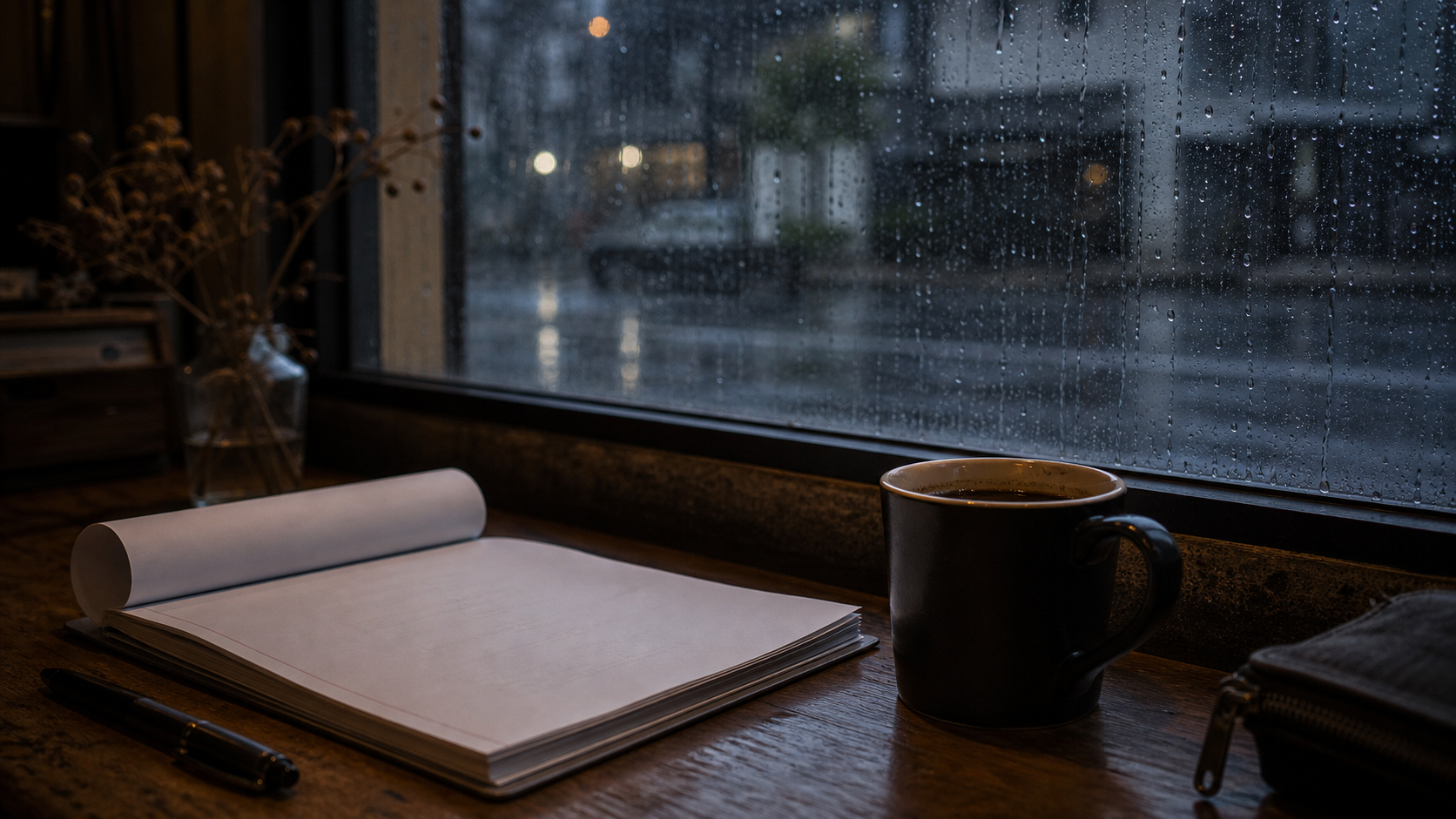 架空のカフェの窓辺。雨粒のついたガラスの前に、無地の台本と黒いコーヒーが置かれている。