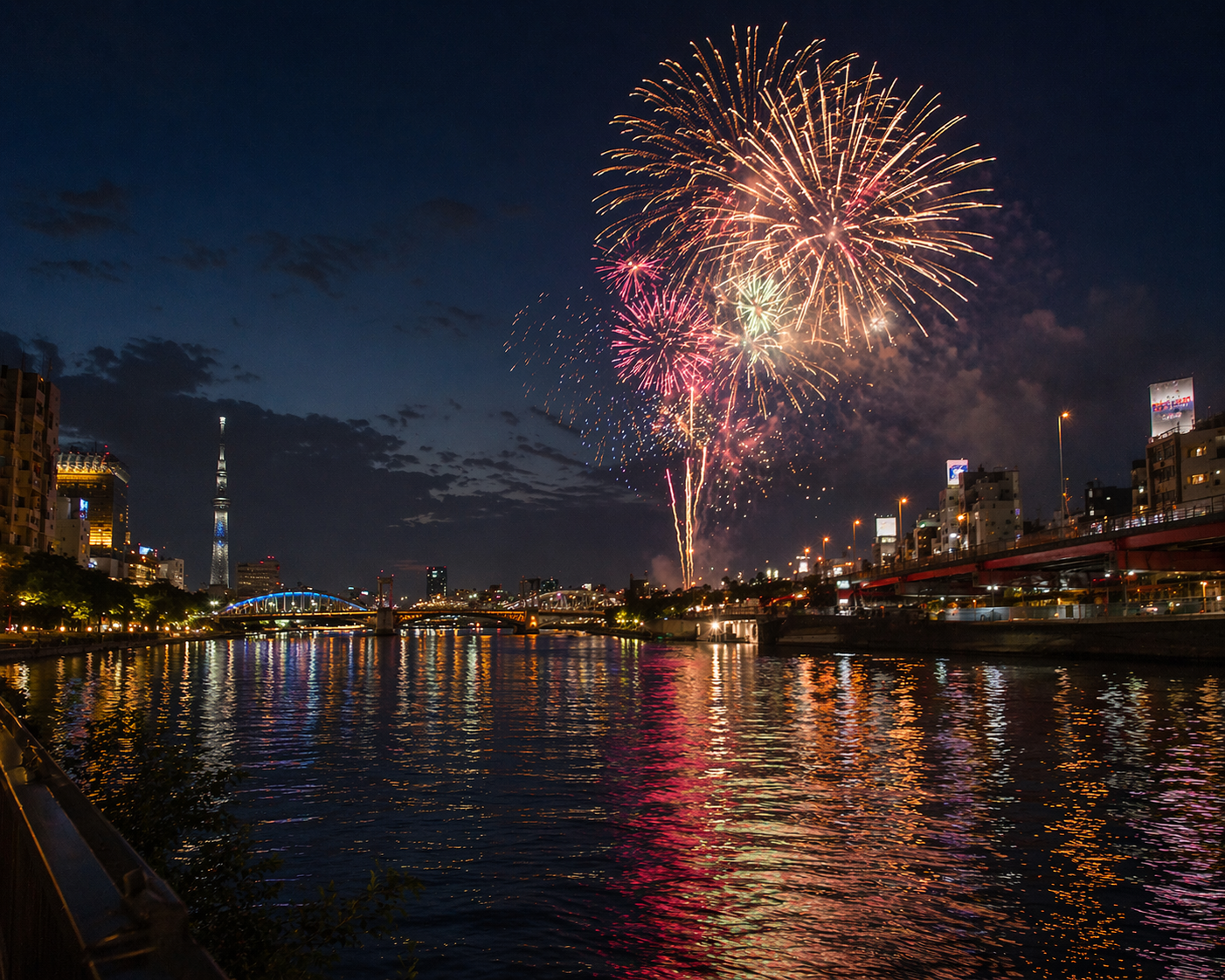 隅田川沿いの夜景と花火。水面に色が映り、左奥にスカイツリーが見える。