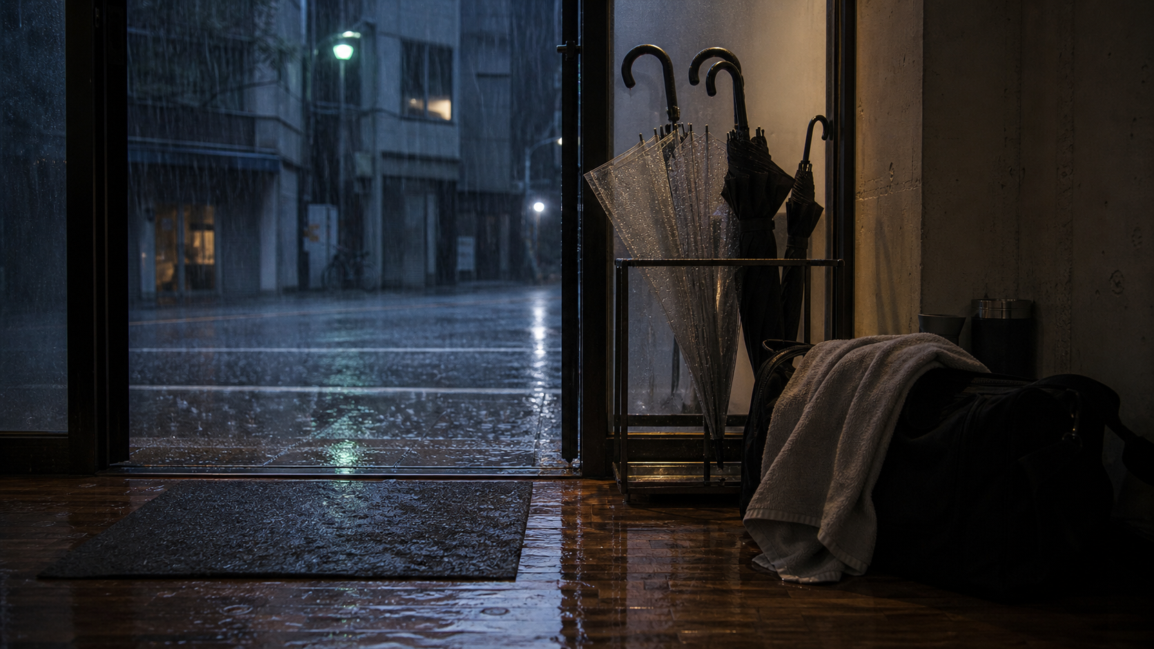 架空のスタジオ入口。強い雨の外と、濡れた傘立て、タオル、無地のバッグが暗い床に並んでいる。