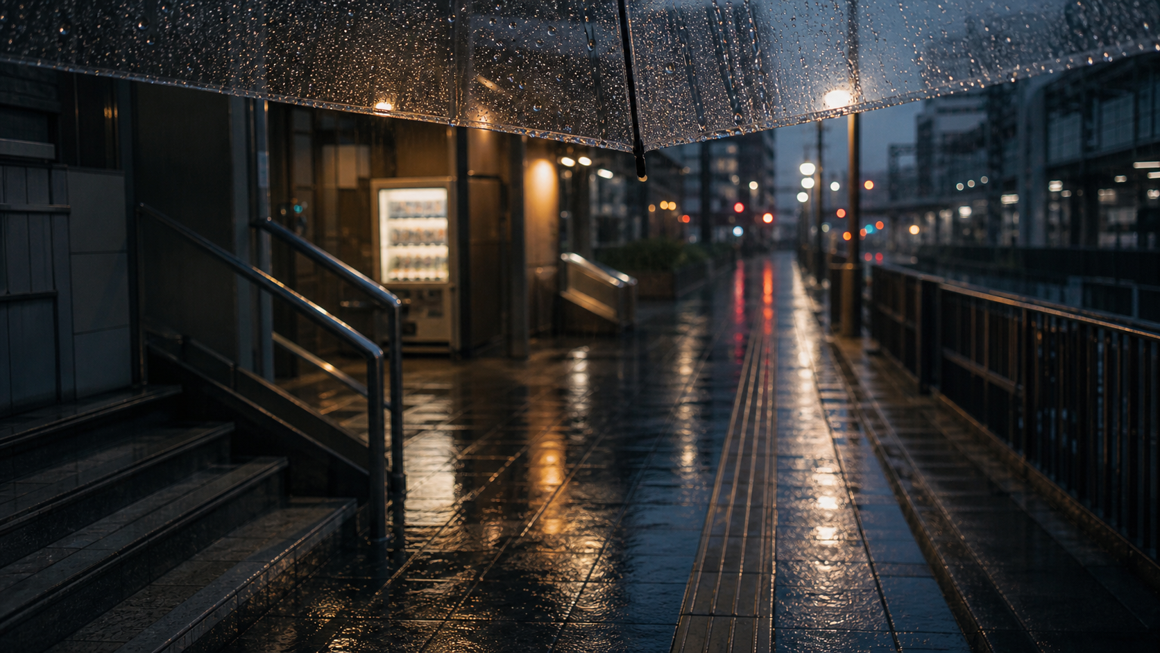 架空の駅前通り。傘の縁越しに雨粒と濡れた舗道、遠い暖色の明かりがにじんでいる。