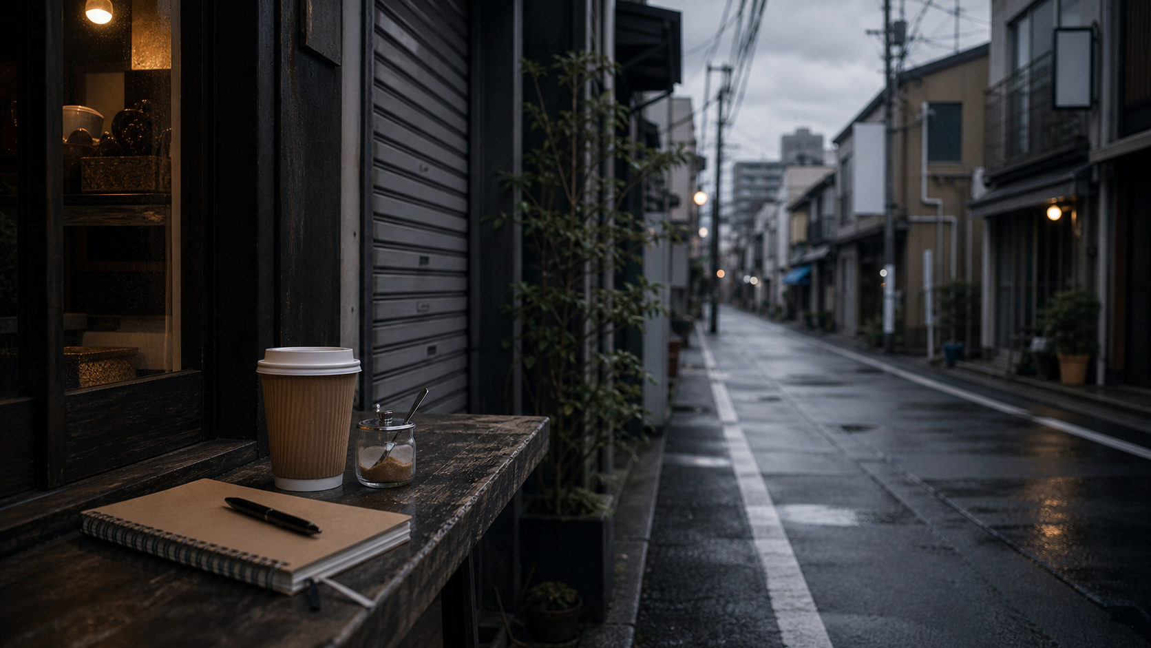 架空の蔵前に似た曇りの通り。無地の紙カップとノートが店先の小さな台に置かれている。