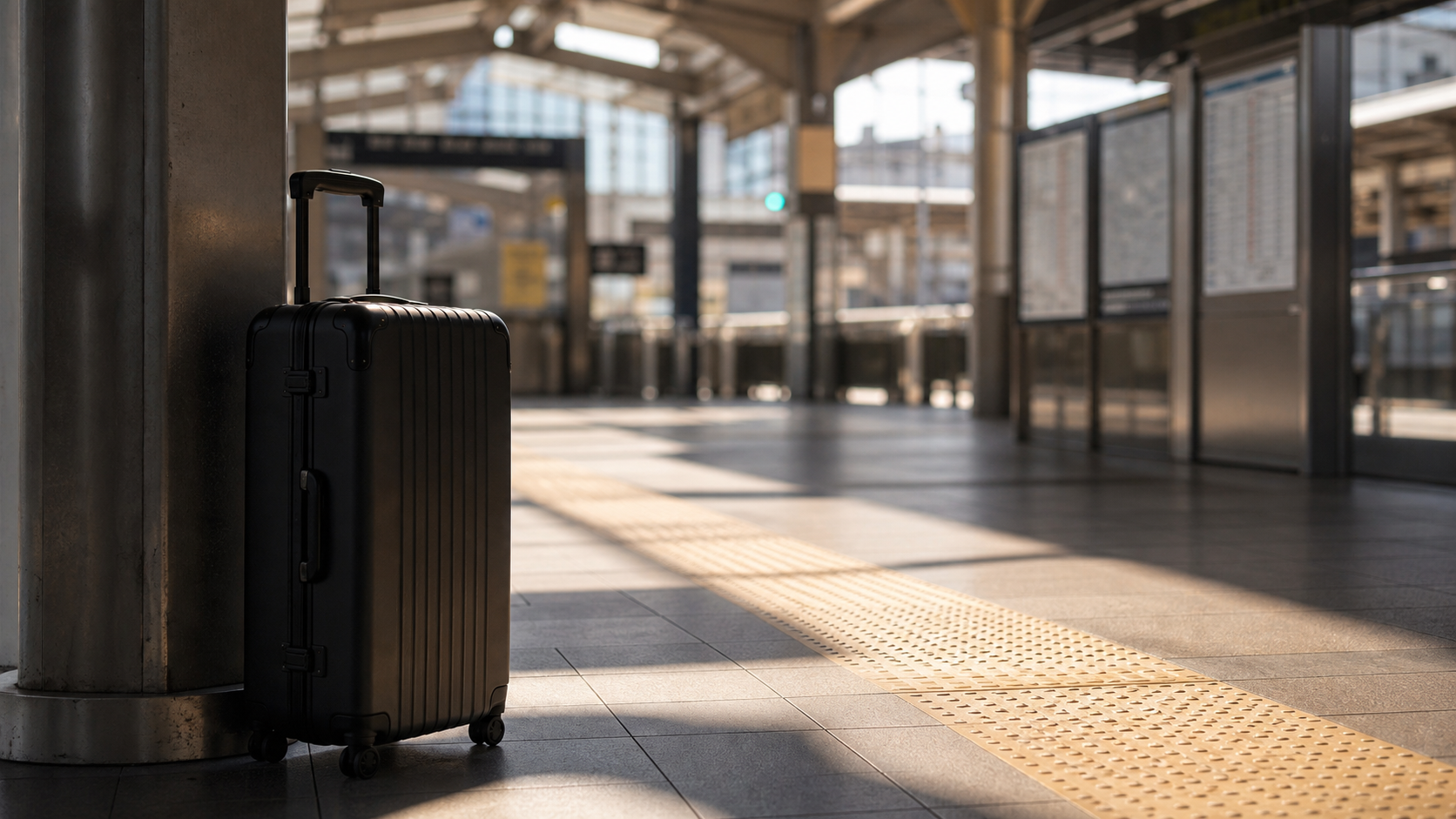 架空の駅構内。無地のスーツケースが明るい床に置かれ、読めない案内板の光が遠くにぼけている。