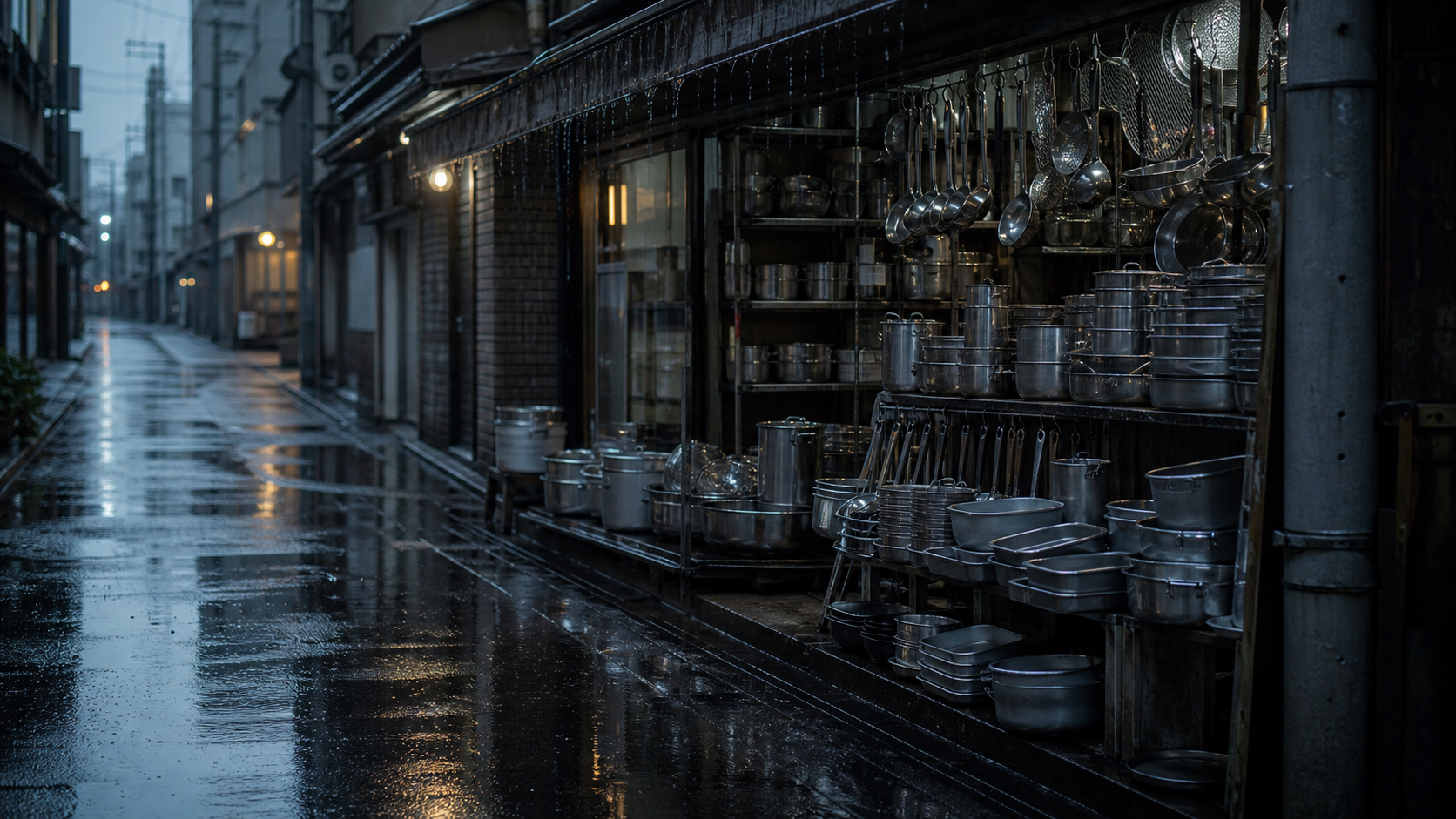 架空の道具街の雨の店先。濡れた路面と、軒下に並ぶ銀色の鍋や調理道具が暗く光っている。