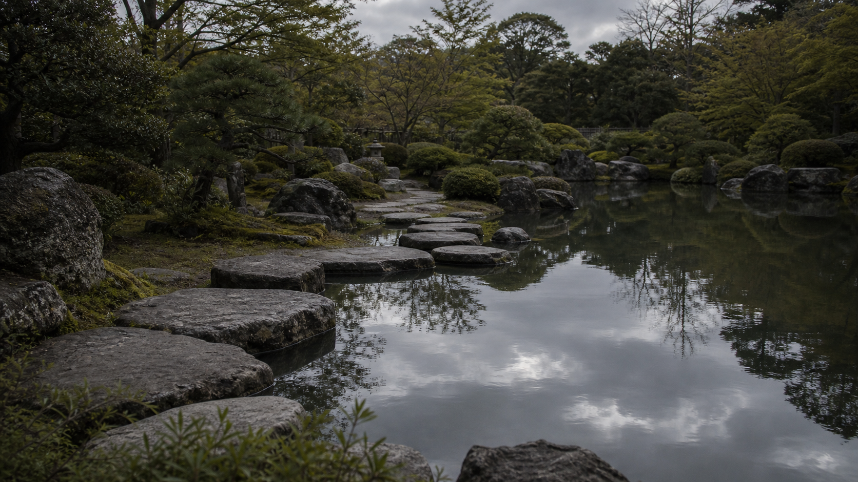 架空の日本庭園。曇り空の下、池の水面に石と木々が静かに映り、全体が整って見える。