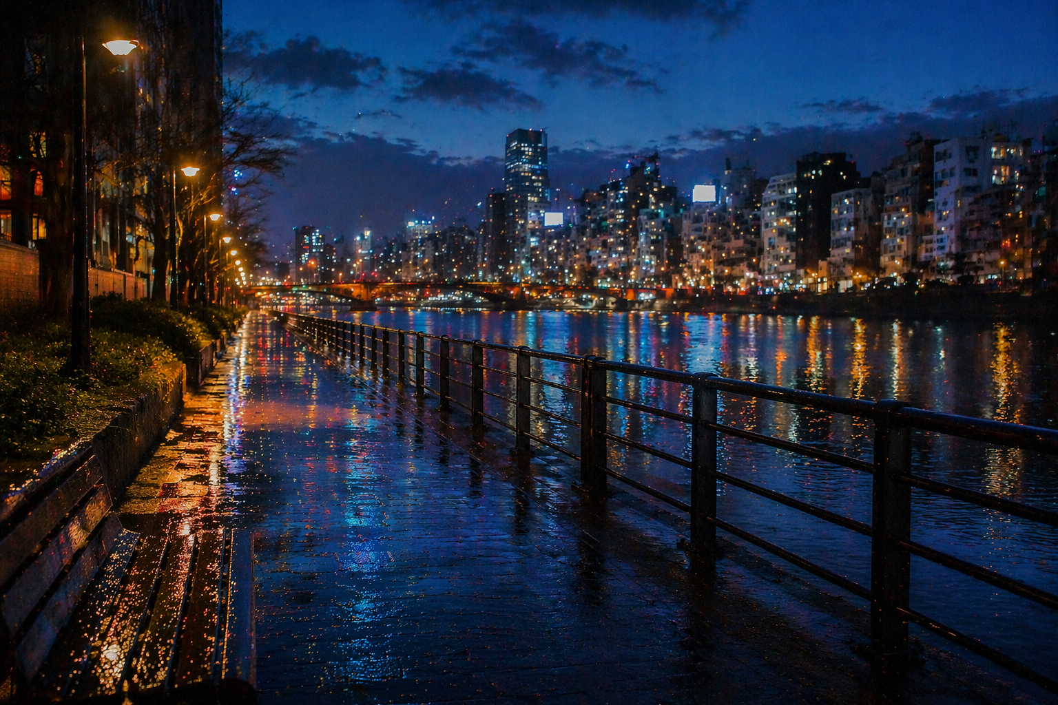 雨上がりの隅田川沿いの遊歩道。濡れた床に街灯とビルの明かりが青く反射し、手すりの向こうに夜の川面と街並みが続いている。
