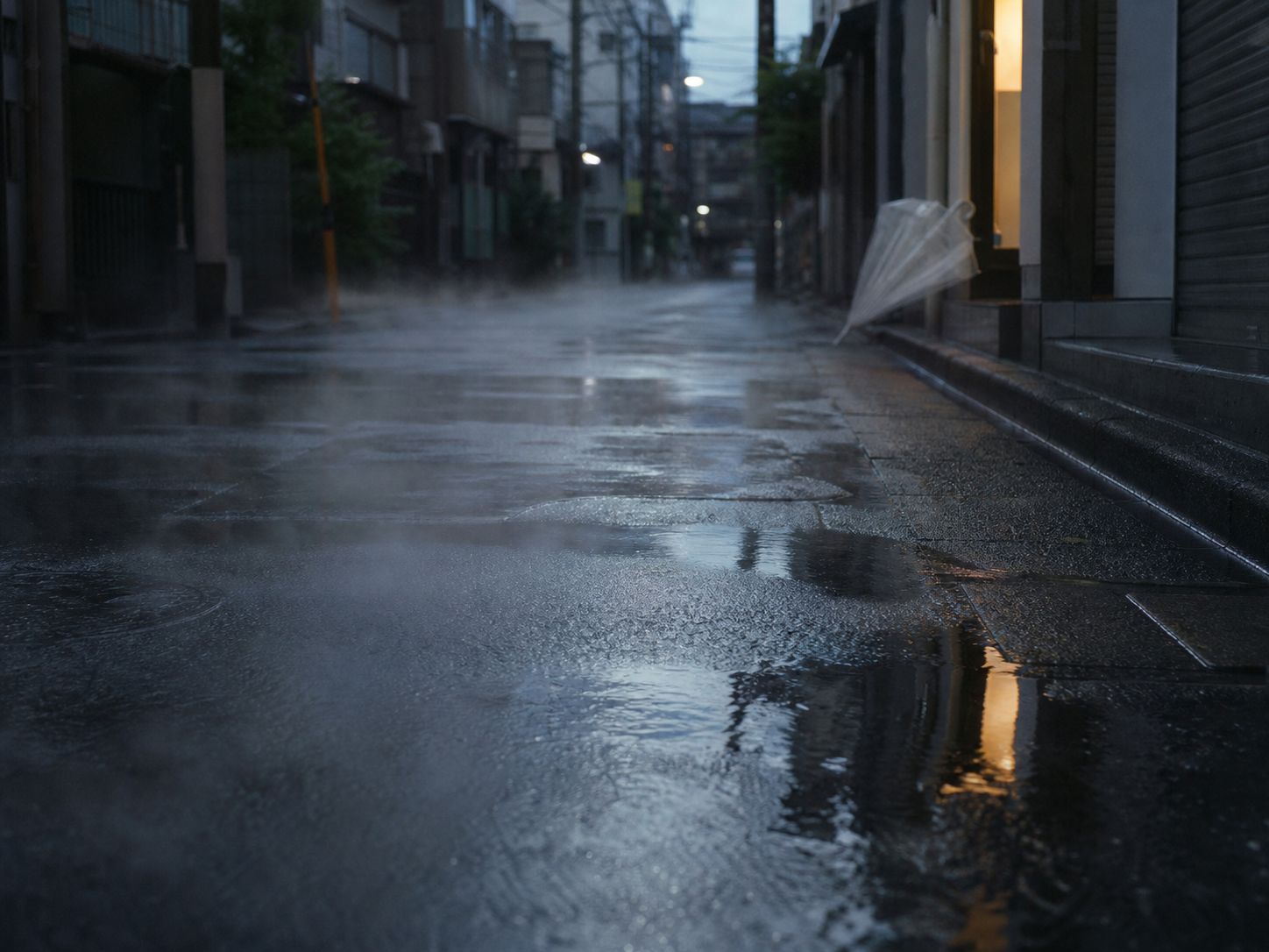 夕立後の細い東東京風の路地。濡れた路面から白い水蒸気が立ち、灯りが水たまりに映っている。