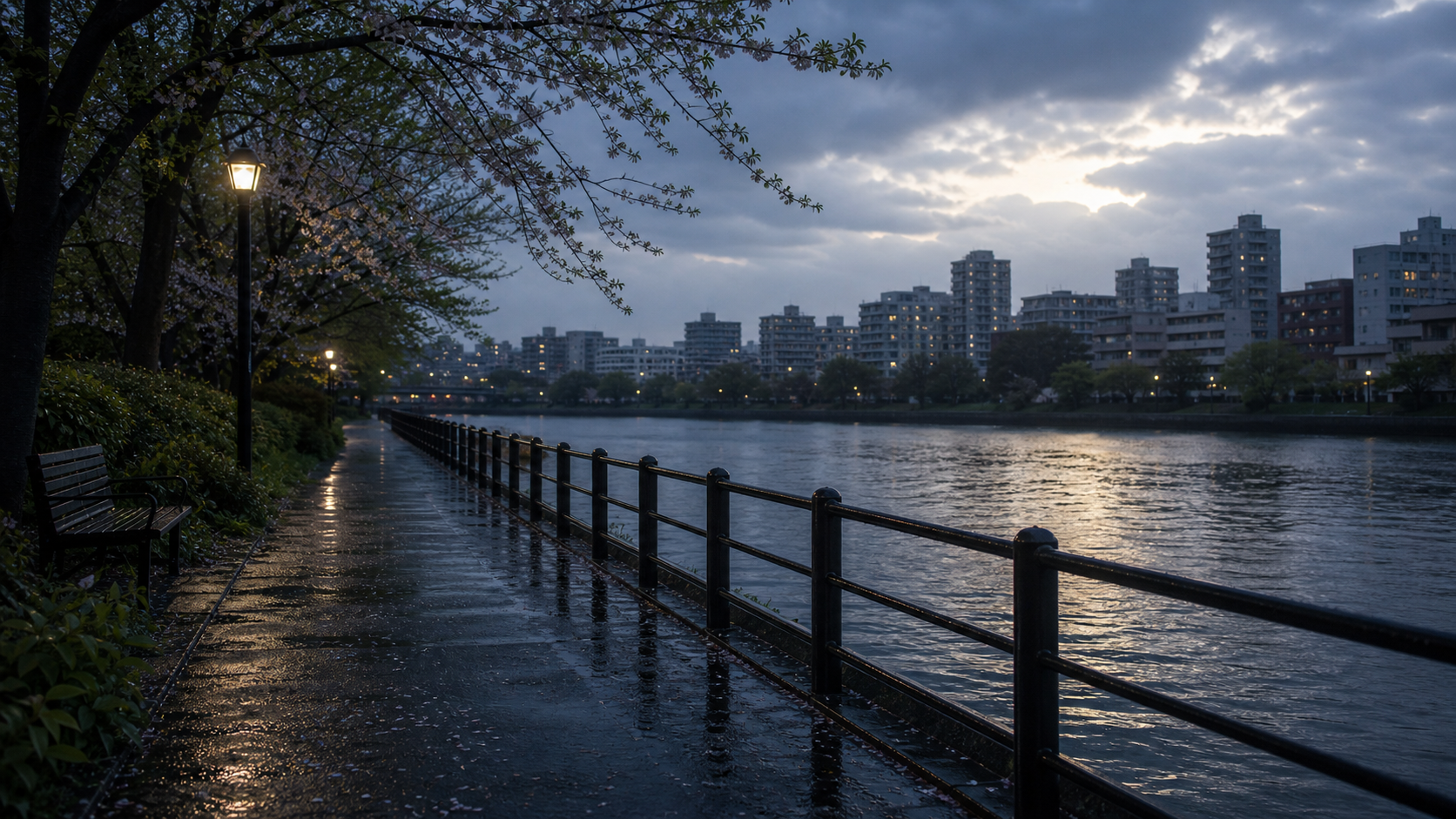 架空の都市の川沿い。雨上がりの濡れた遊歩道と手すりに、戻り始めた淡い明るさが反射している。