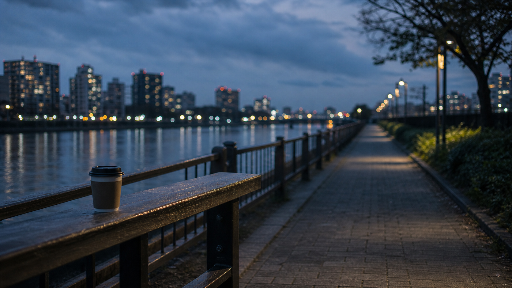 架空の川沿いの夕方。小さな紙カップが手すりの近くに置かれ、川と街灯が青い時間へ沈んでいる。