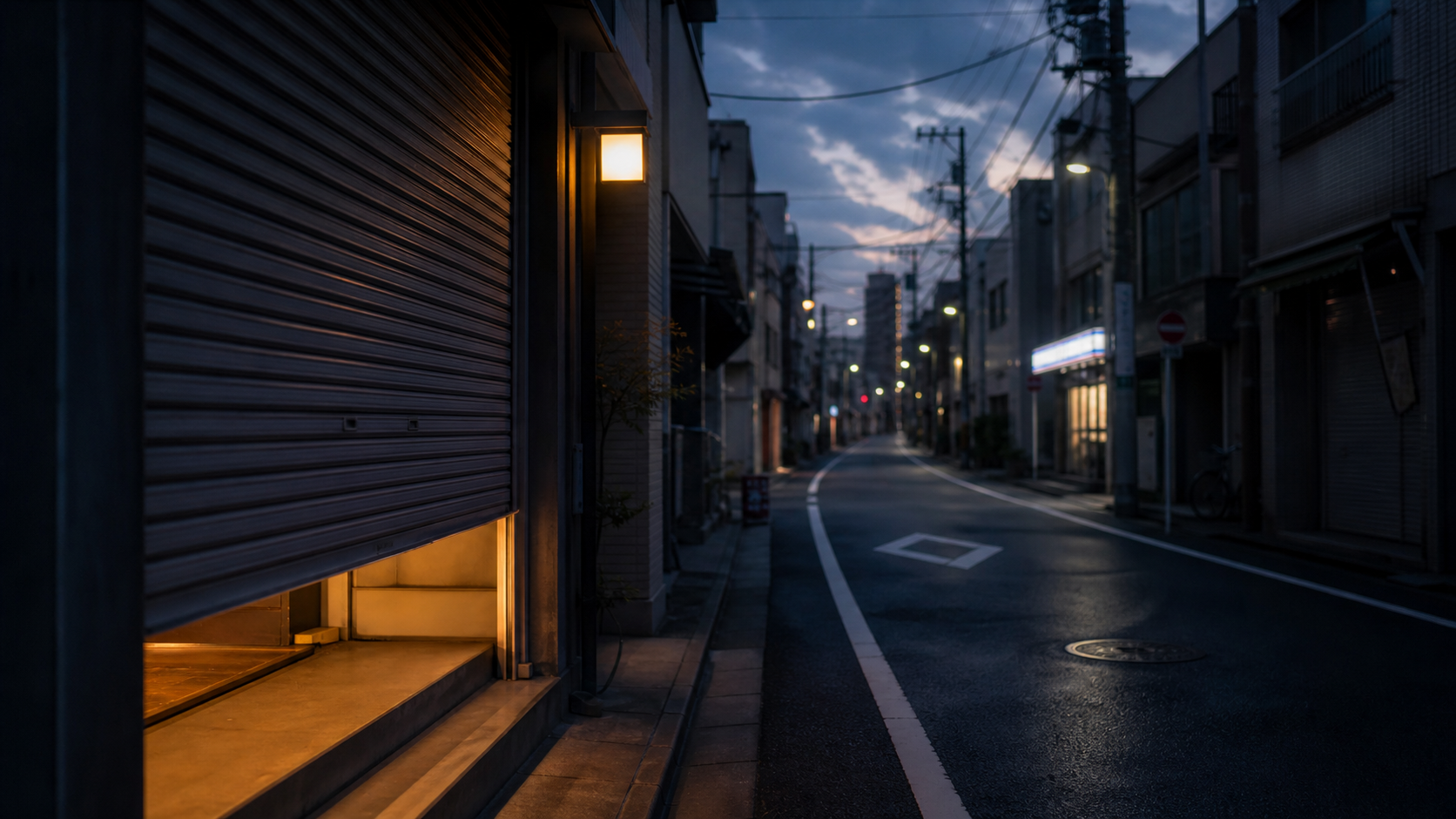 架空の東東京の夕方の路地。半分下りたシャッターと小さな暖色の灯りが、青くなり始めた通りに残っている。