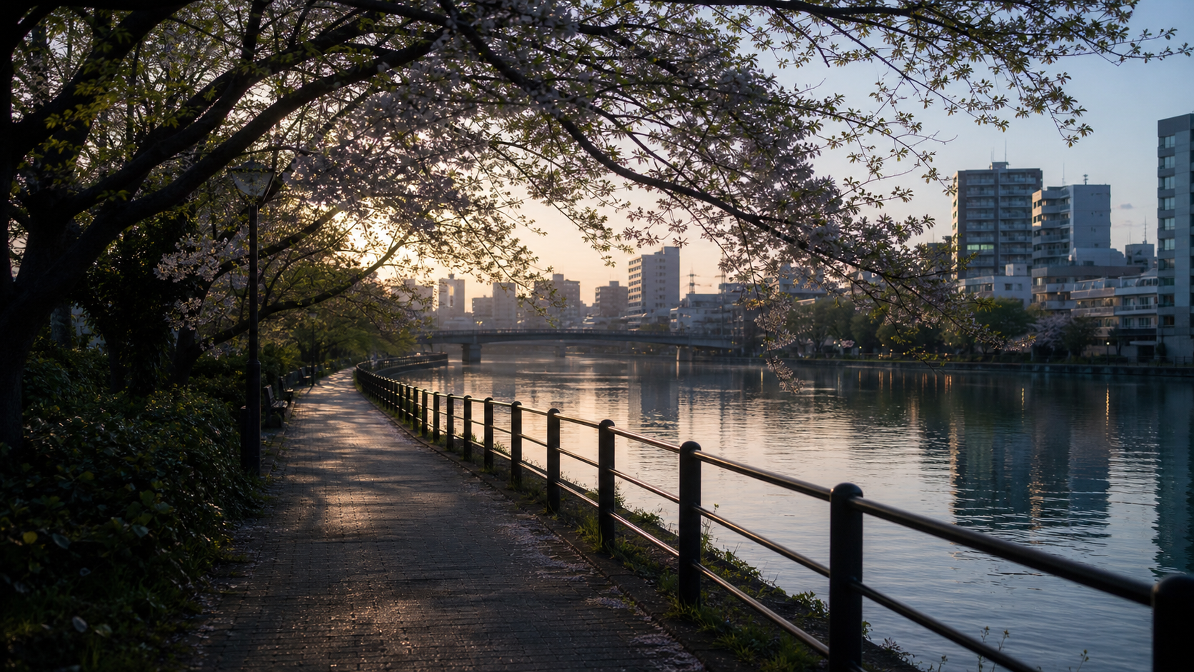 架空の東東京の池沿い。夕方の春の光が水面と遊歩道に落ち、若い緑と淡い花が静かに重なっている。