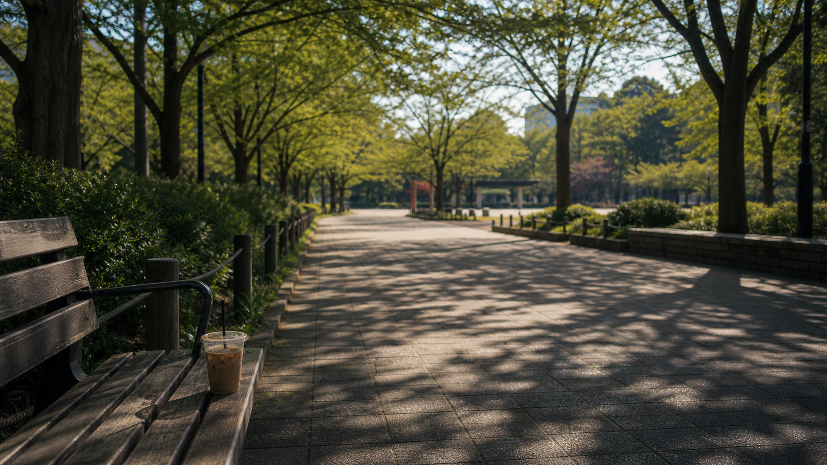 架空の都市公園。日曜の光が木陰とベンチに落ち、無地のアイスコーヒーのカップが置かれている。
