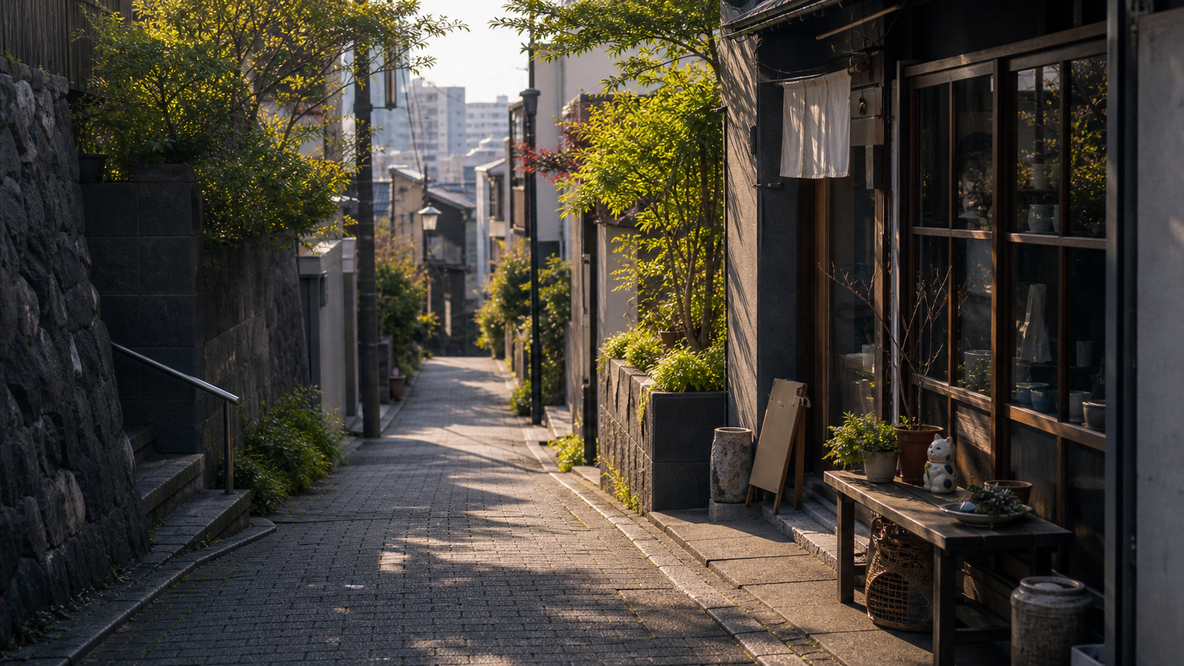架空の古い坂道。晴れた午後の光が壁と鉢植えに落ち、小さな飾りが店先に置かれている。