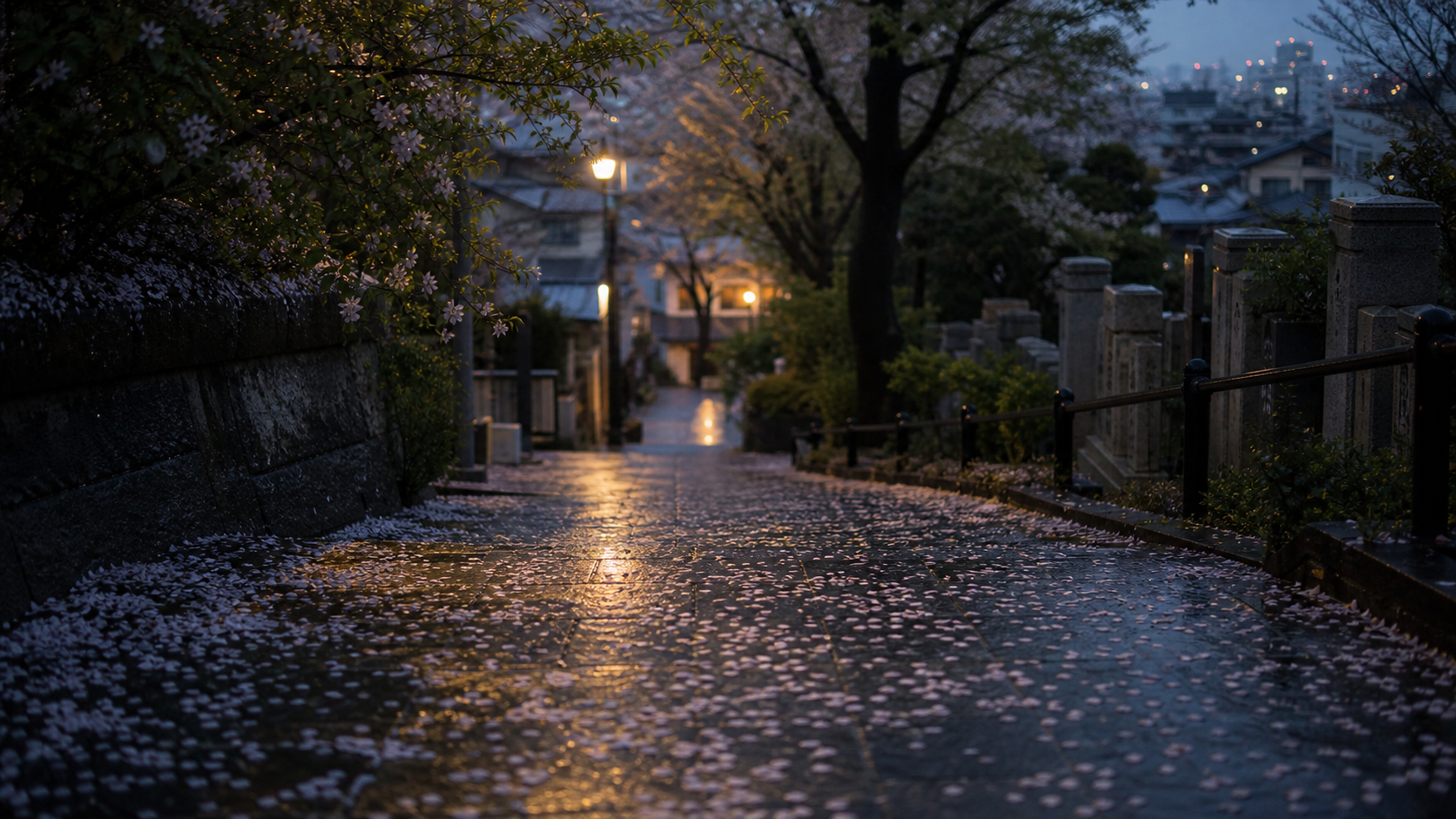 架空の古い坂道。雨上がりの石畳に淡い花びらが散り、低い灯りと木々の影が坂の奥へ続いている。